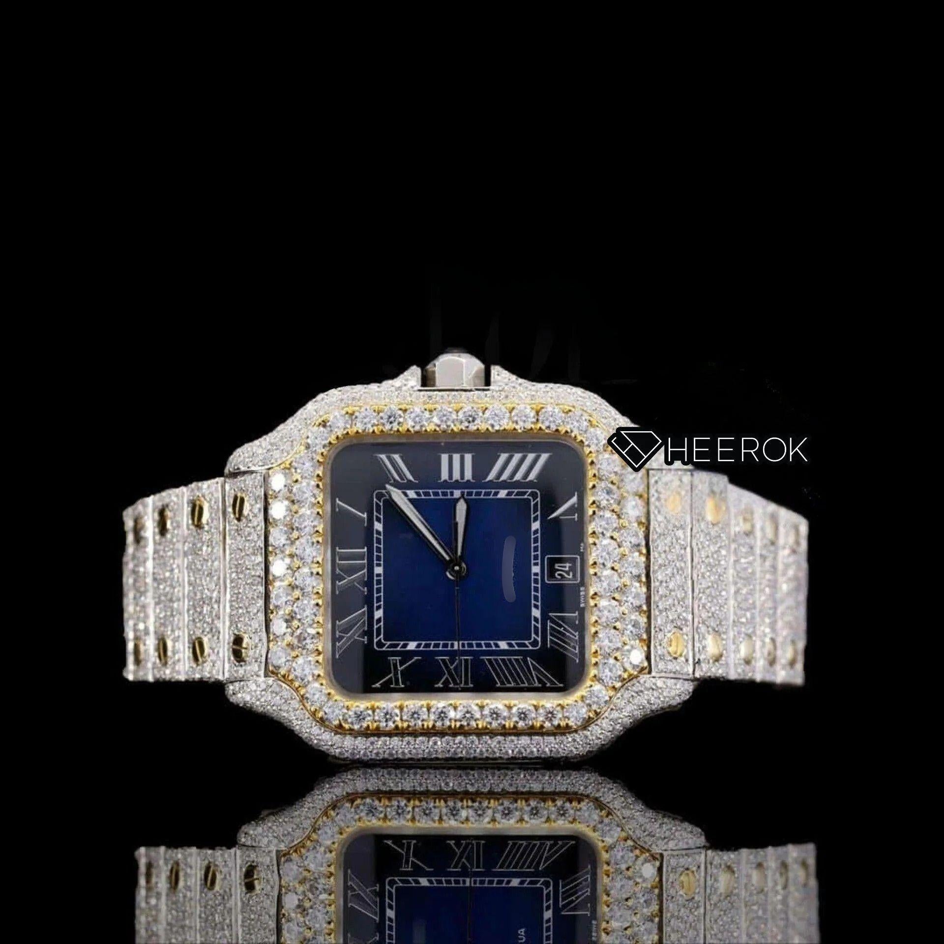 Cartier Santos Blue Dial Roman Numerals Diamond Bezel Two Tone Yellow Gold Fully Iced Moissanite Diamond