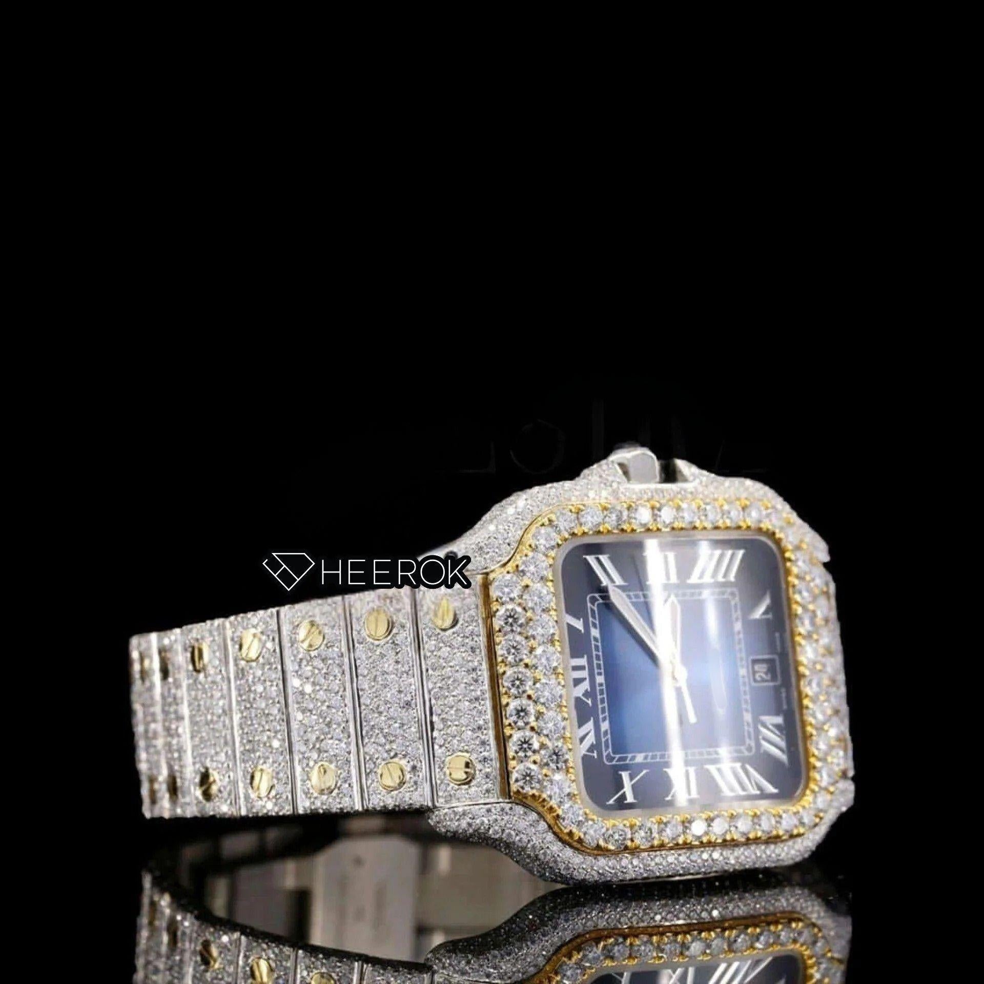 Cartier Santos Blue Dial Roman Numerals Diamond Bezel Two Tone Yellow Gold Fully Iced Moissanite Diamond