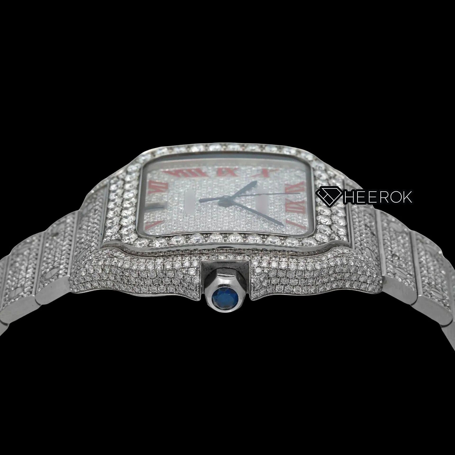 Cartier Santos Full Pave Dial Red Roman Numerals Diamond Bezel Fully Iced Moissanite Diamond Watch For Women
