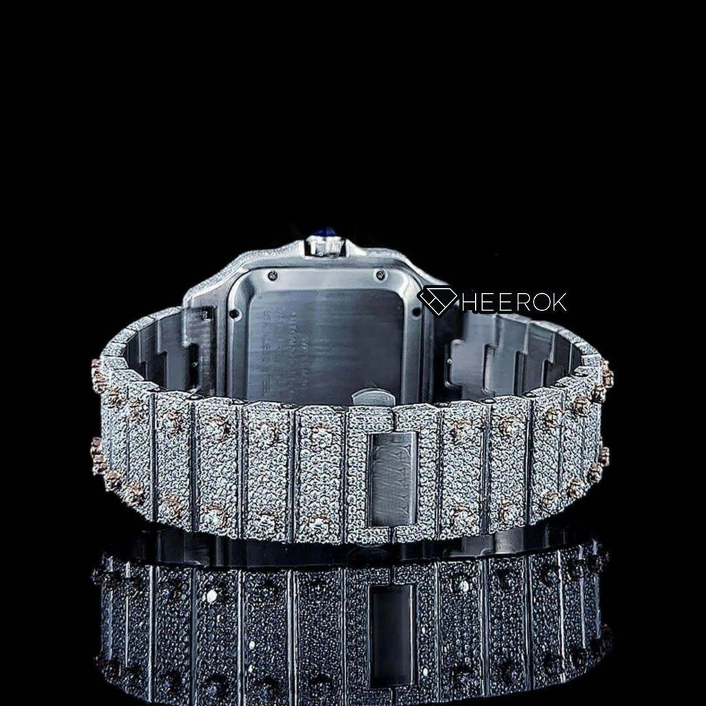 Cartier Santos Rose Gold Dial Black Roman Numerals Diamond Bezel Two Tone Fully Iced Moissanite Diamond For Women