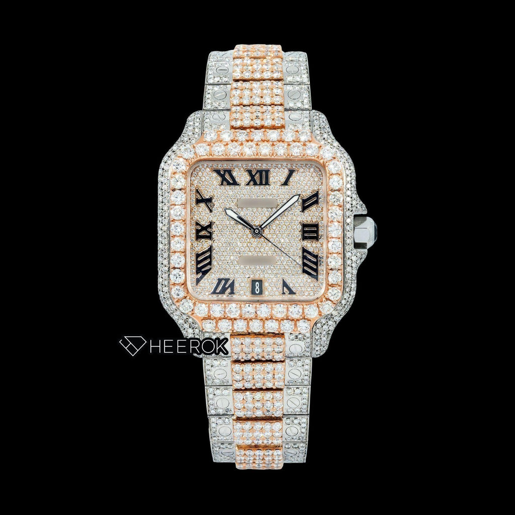 Cartier Santos Rose Gold Dial Black Roman Numerals Diamond Bezel Two Tone Rose Gold Moissanite Diamond Watch