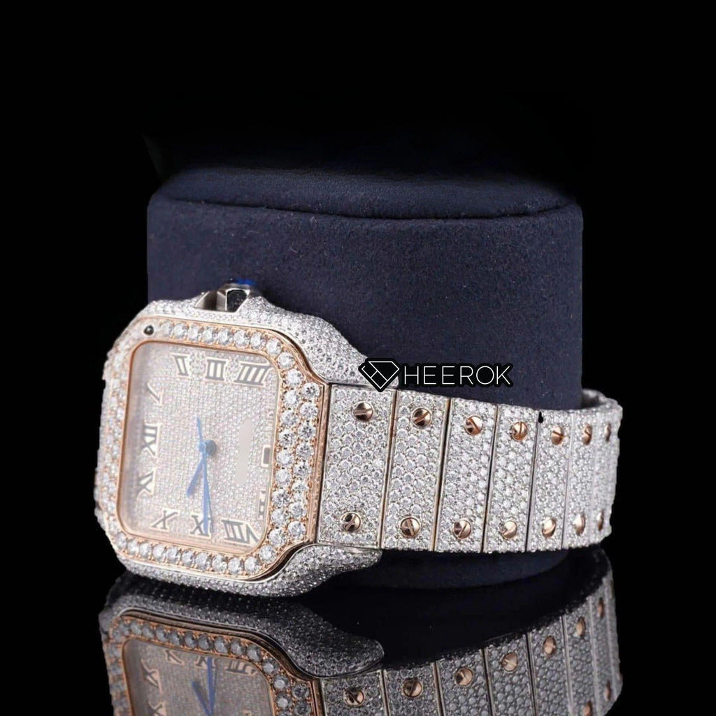 Cartier Santos Rose Gold Dial Roman Numerals Diamond Bezel Two Tone Rose Gold Fully Iced Moissanite Diamond
