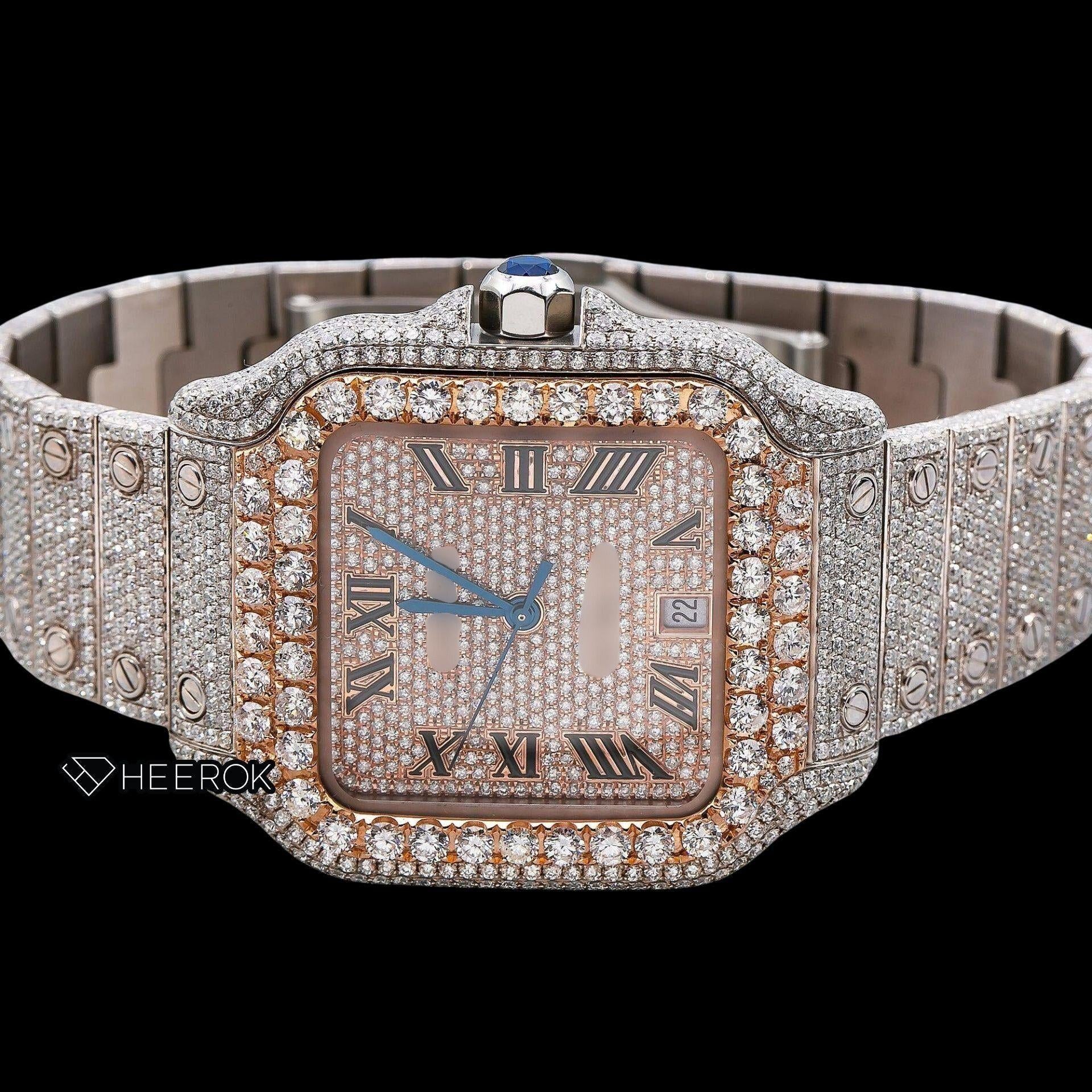 Cartier Santos Rose Gold Full Pave Dial Roman Numerals Diamond Bezel Fully Iced Moissanite Diamond Watch