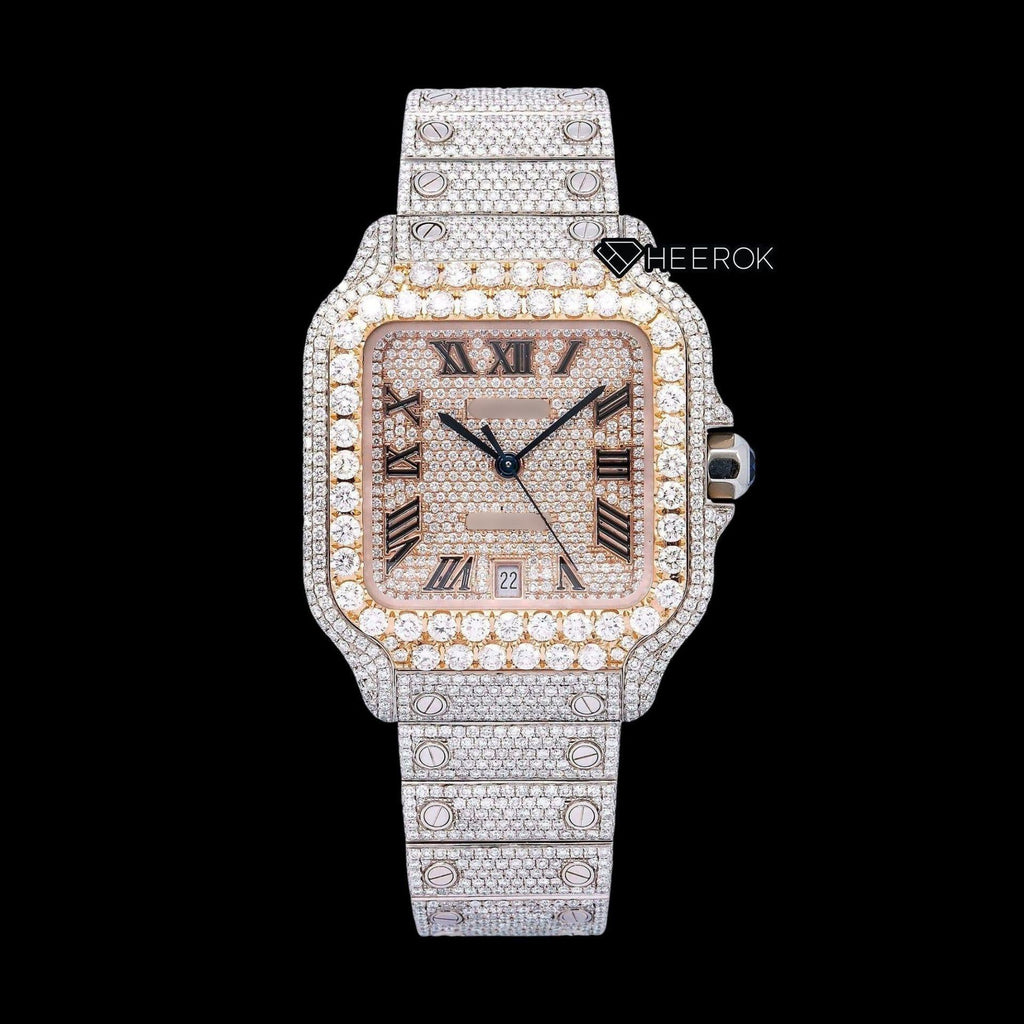 Cartier Santos Rose Gold Full Pave Dial Roman Numerals Diamond Bezel Fully Iced Moissanite Diamond Watch