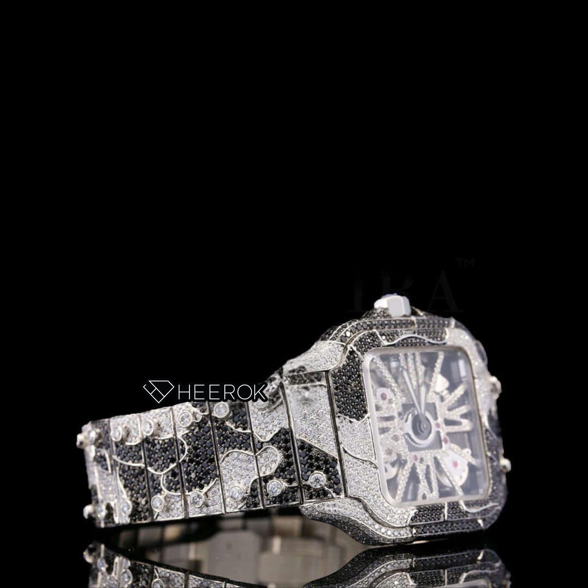 Cartier Santos Skeleton Dial Black and White Diamond Bezel Two Tone Bracelet Moissanite Diamond