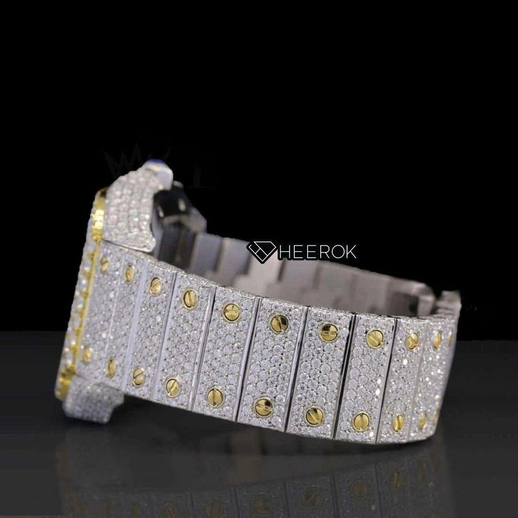 Cartier Santos Yellow Dial Black Roman Numerals Diamond Bezel Fully Iced Moissanite Diamond