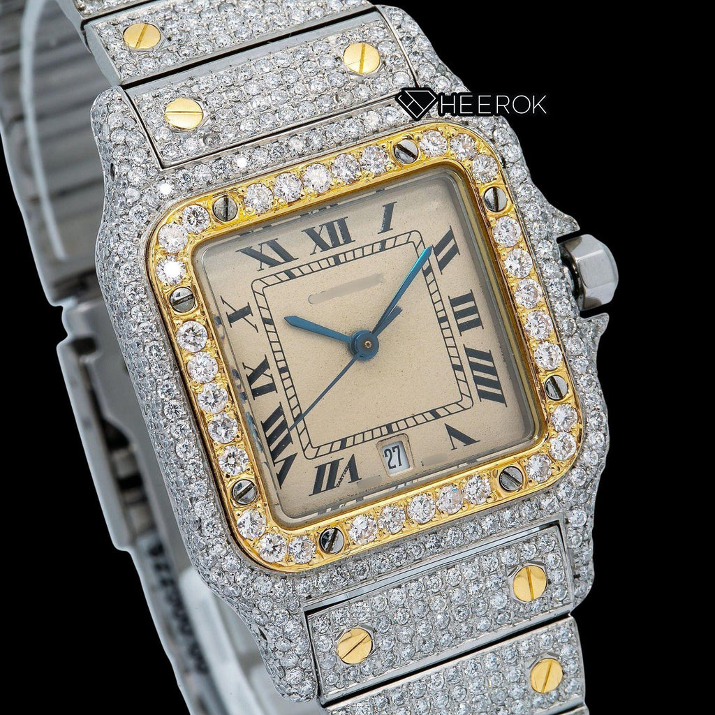 Cartier Santos Yellow Dial Roman Numerals Diamond Bezel Fully Iced Two Tone Moissanite Diamond Watch For Women