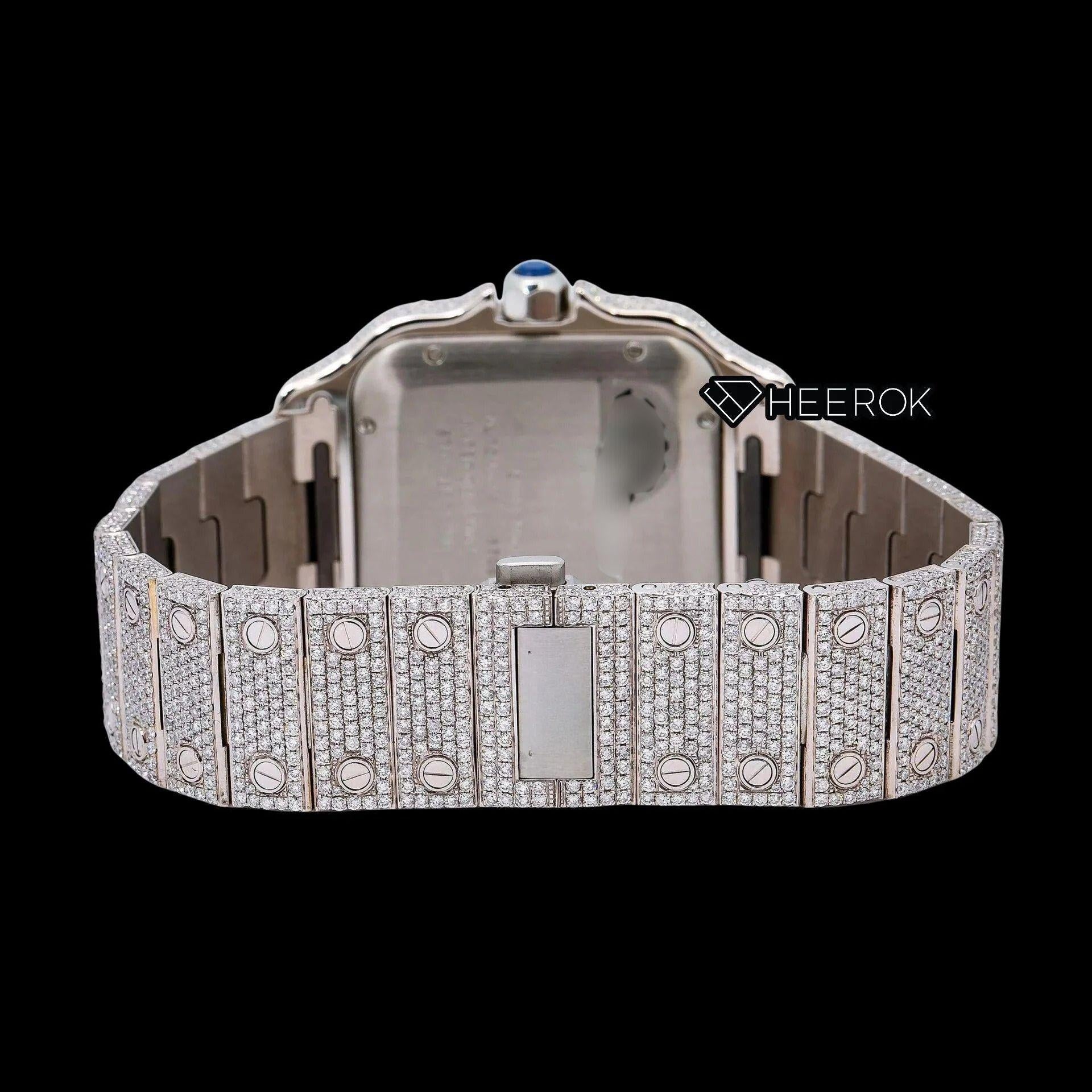 Cartier Santos Yellow Gold Full Pave Dial Roman Numerals Diamond Bezel Fully Iced Moissanite Diamond Watch