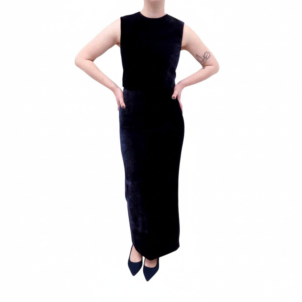 FENDI NAVY VELVET SKIRT SET WITH LOGO ZIPPER - SIZE 36