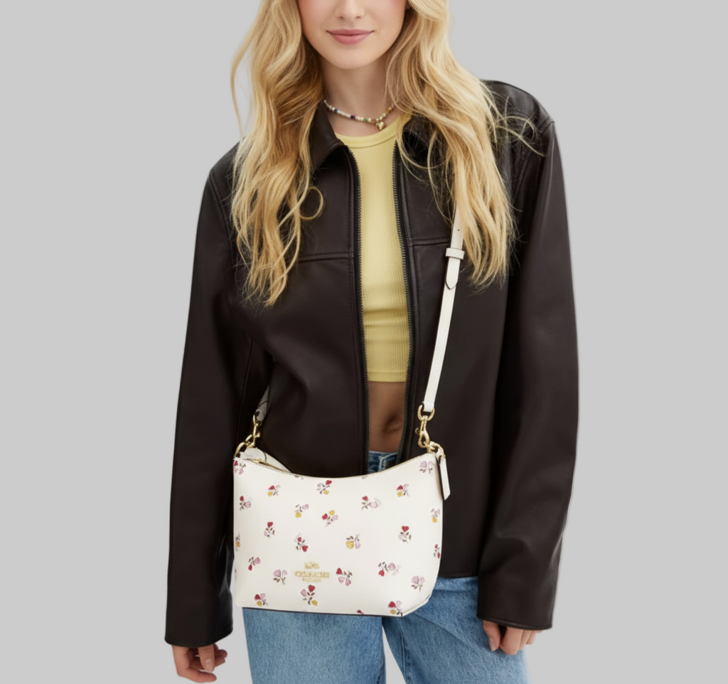 NWT Coach Zip Top Shoulder Bag with Floral print In Gold/Chalk Multi