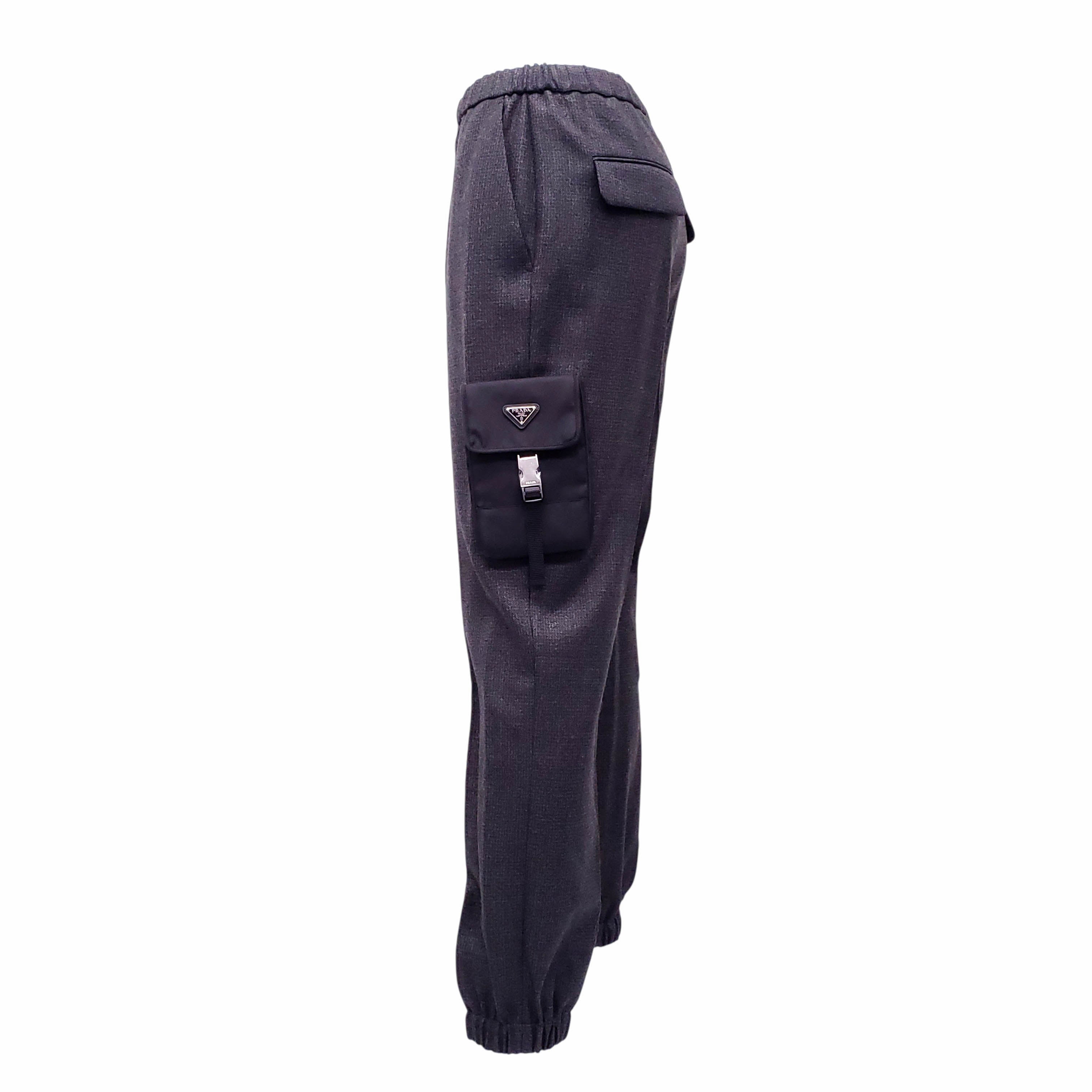 PRADA GREY CARGO PANTS WITH NYLON LOGO POCKETS - SIZE 42