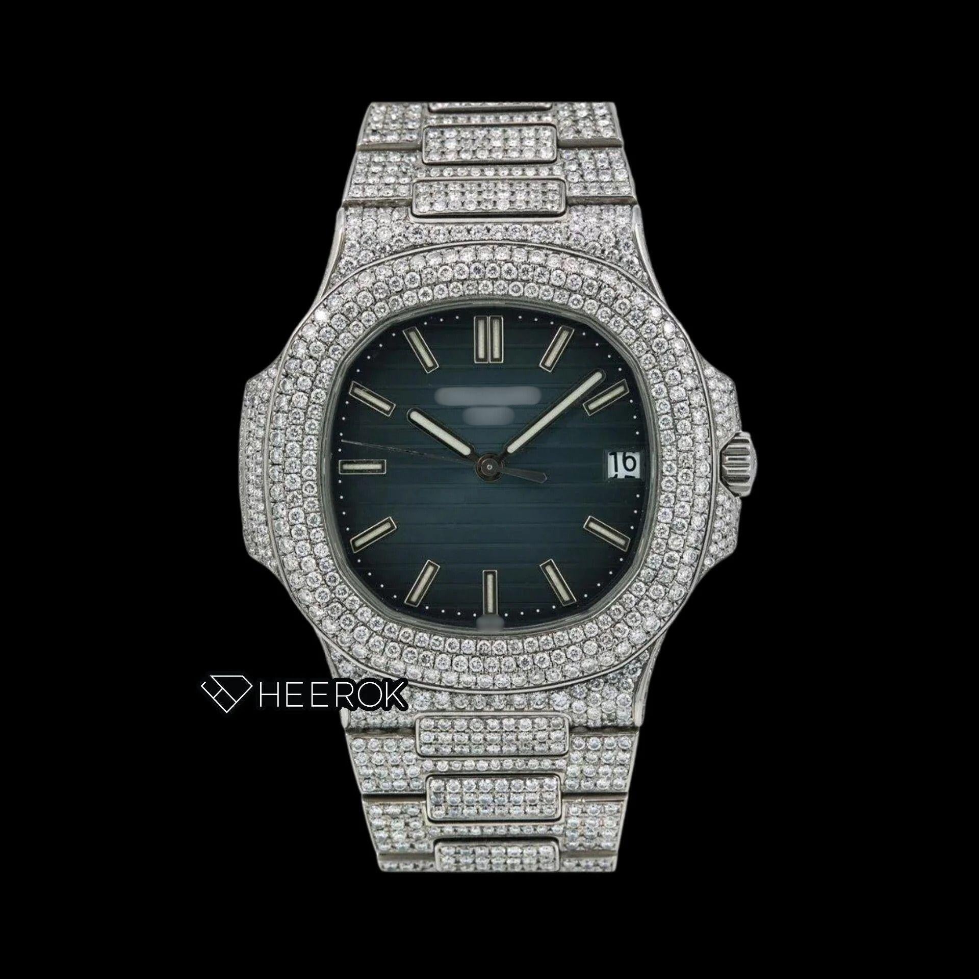 Patek Philippe Nautilus Blue Dial White Stick Markers Diamond Bezel Bust Down Moissanite Diamond