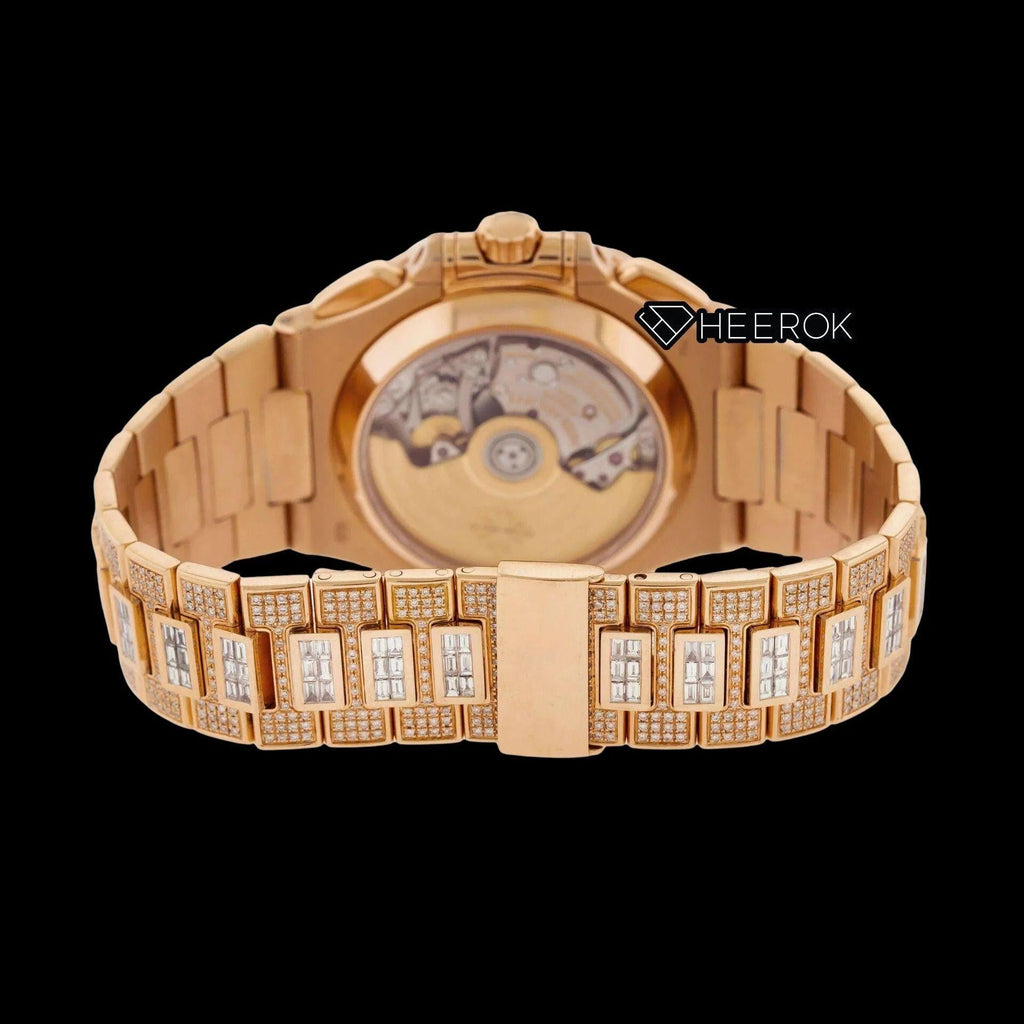 Patek Philippe Nautilus Brown Dial Baguette Diamond Markers Diamond Bezel Rose Gold Moissanite Diamond