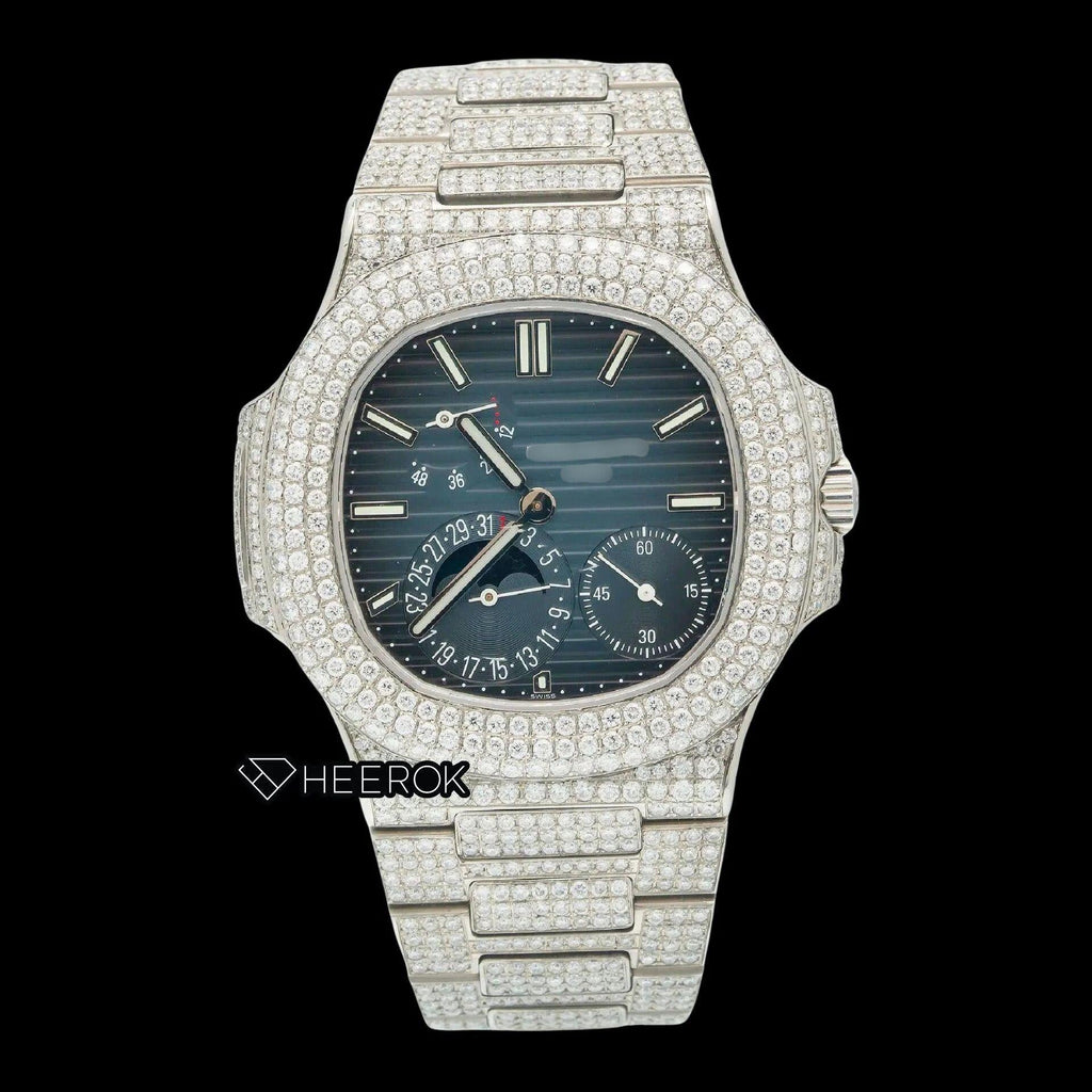 Patek Philippe Nautilus Moonphase Blue Dial Stick Markers Diamond Bezel Moissanite Diamond