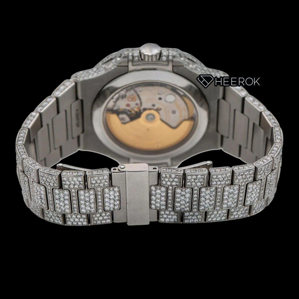 Patek Philippe Nautilus Moonphase White Dial Stick Markers Diamond Bezel Fully Iced Moissanite Diamond