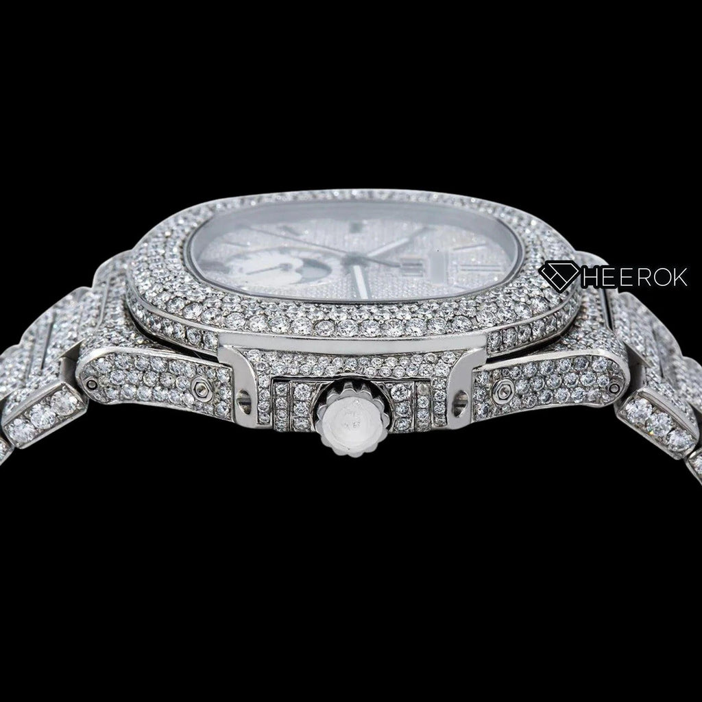 Patek Philippe Nautilus Moonphase White Dial Stick Markers Diamond Bezel Fully Iced Moissanite Diamond