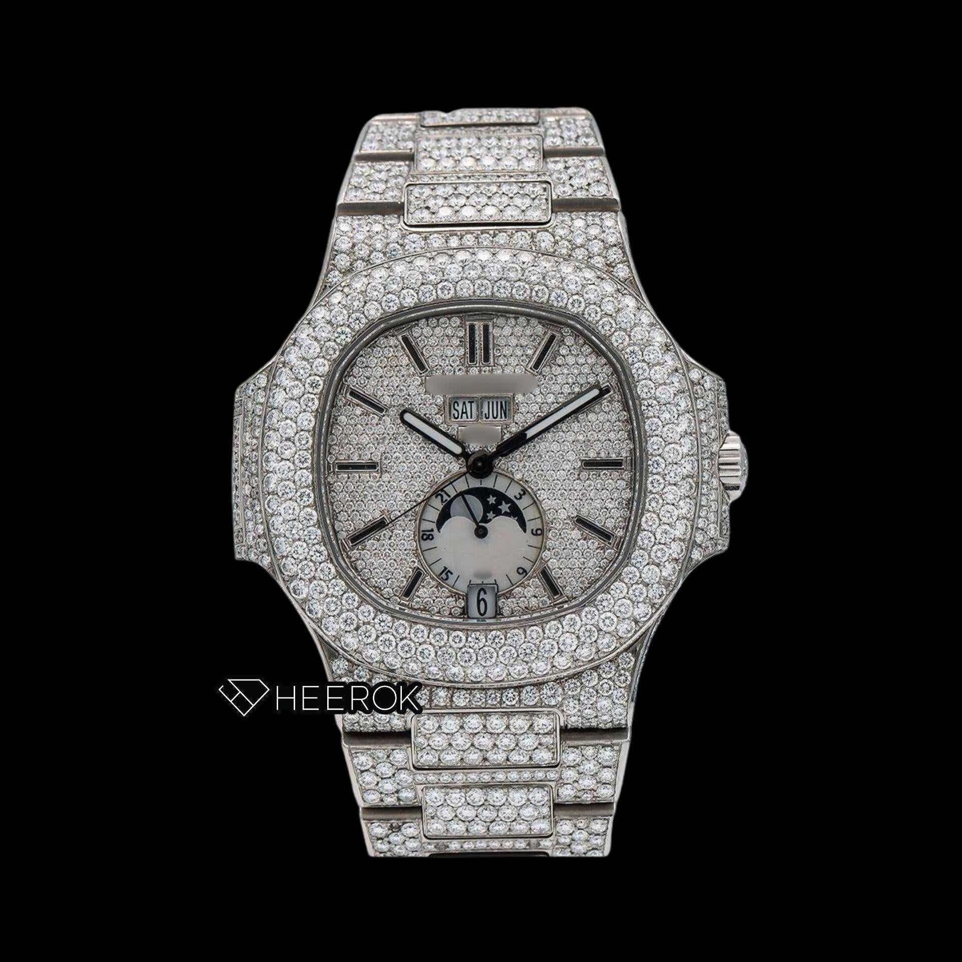 Patek Philippe Nautilus Moonphase White Dial Stick Markers Diamond Bezel Fully Iced Moissanite Diamond