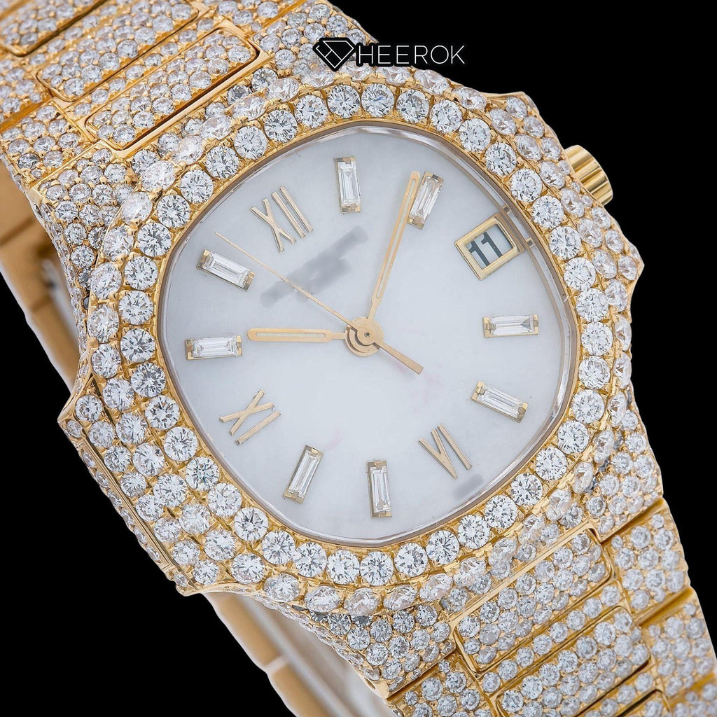 Patek Philippe Nautilus White Dial Baguette Diamond Markers Diamond Bezel Yellow Gold Moissanite Diamond Watch