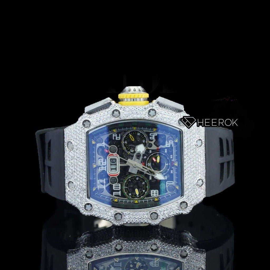 Richard Mille RM Tonneau Case Black Dial Chronograph Diamond Bezel Semi Iced Moissanite Diamond Black Rubber Strap