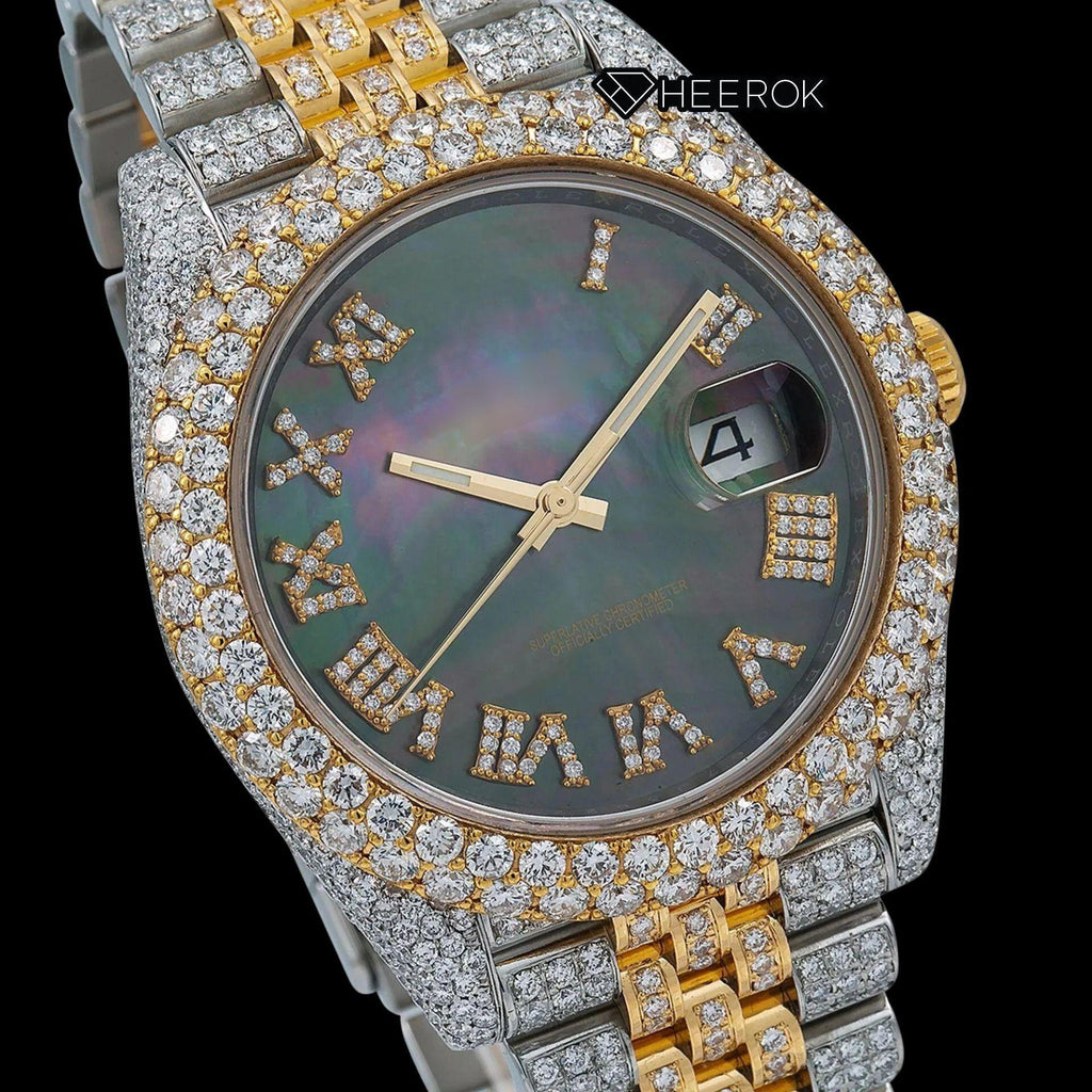Rolex Datejust Black Dial Roman Numerals Diamond Bezel Two Tone Yellow Gold Moissanite Diamond Jubilee Bracelet Watch