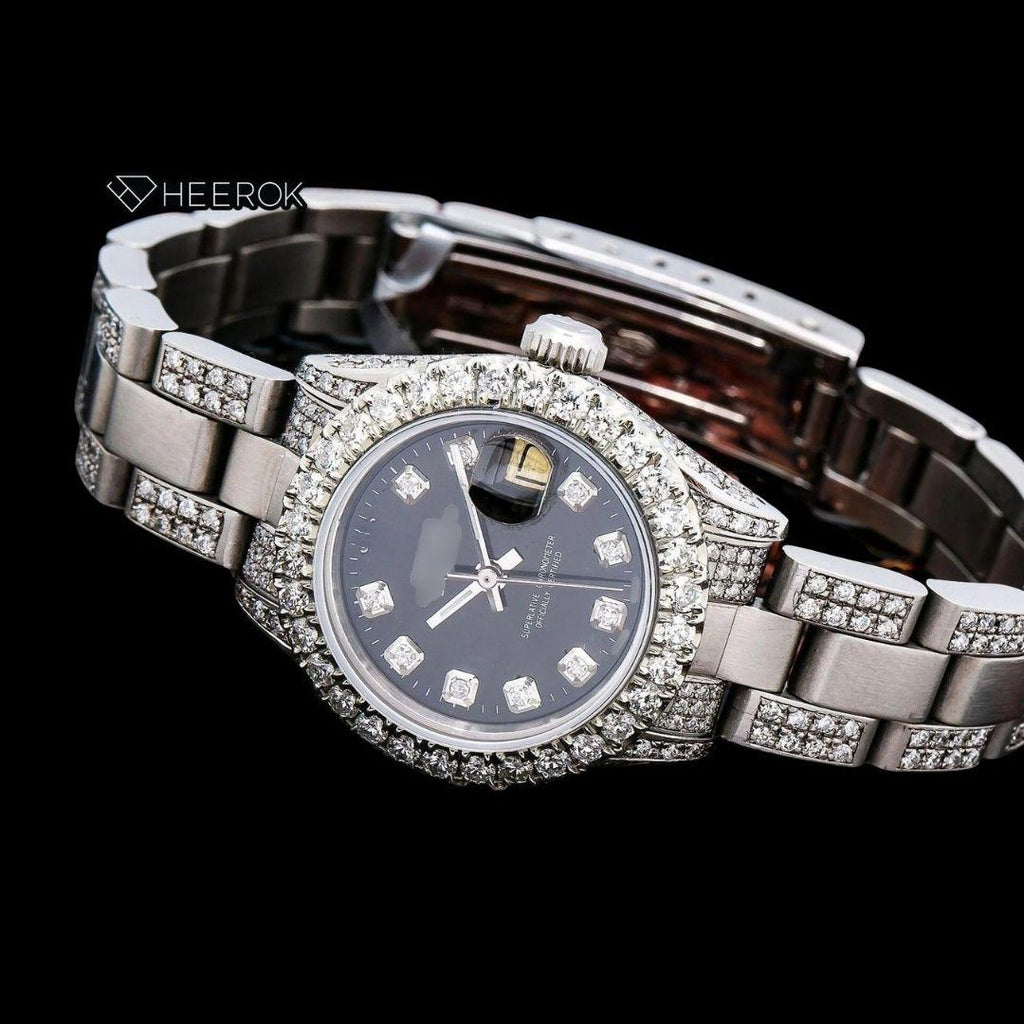 Rolex Datejust Diamond Markers Black Dial Large Diamond Bezel Semi Iced Moissanite Diamond Oyster Bracelet  For Women