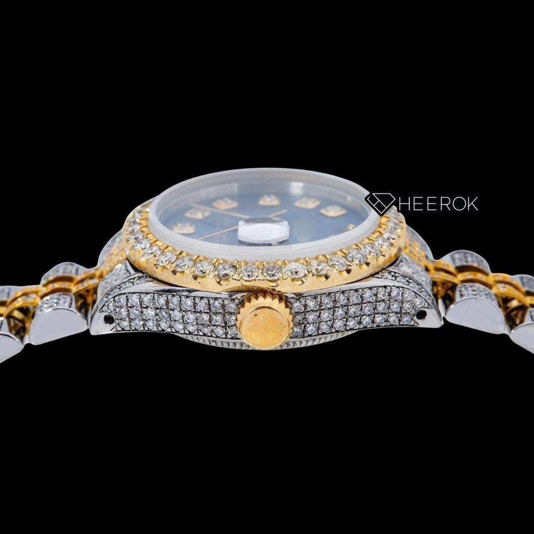 Rolex Datejust Diamond Markers Blue Dial Large Diamond Bezel Two Tone Yellow Gold Moissanite Diamond Jubilee Bracelet For Women