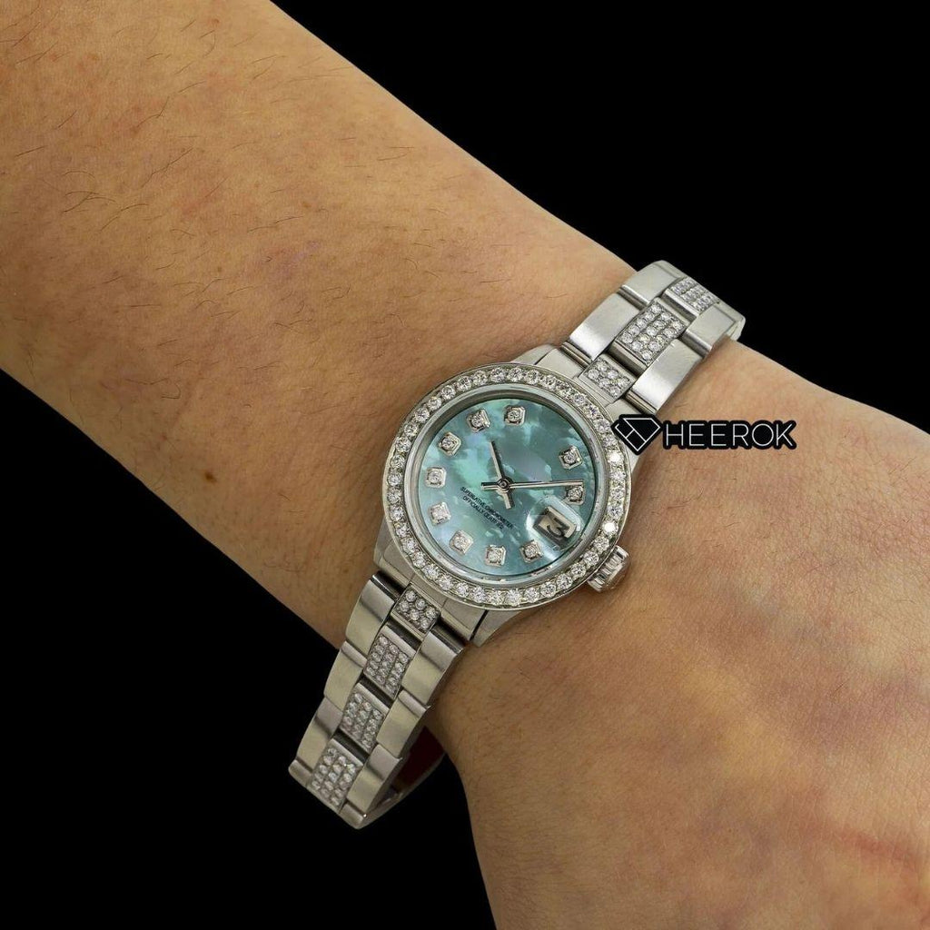 Rolex Datejust Diamond Markers Blue Mother of Pearl Dial Diamond Bezel Semi Iced Moissanite Diamond Oyster Bracelet For Women