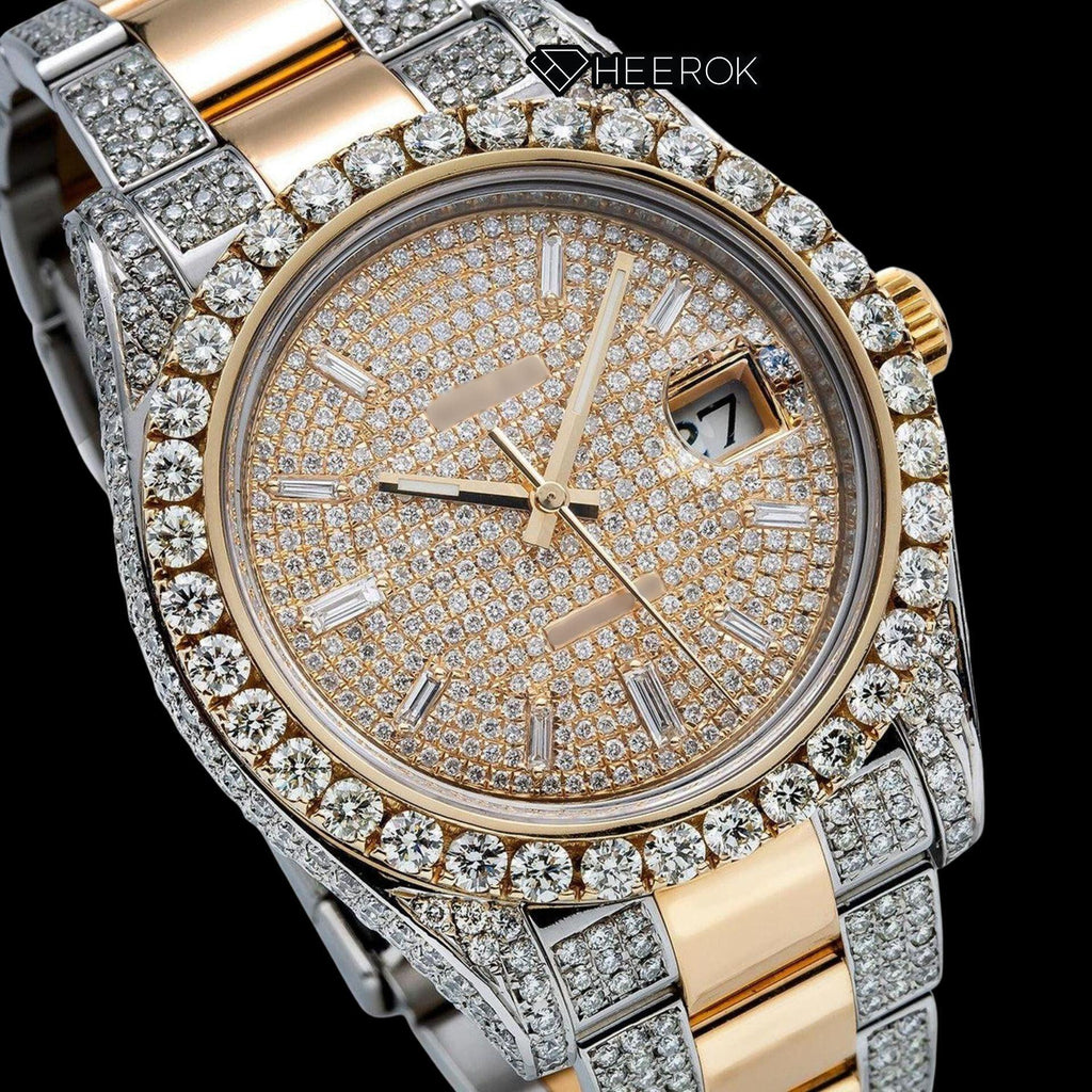 Rolex Datejust Diamond Paved Dial Baguette Diamond Markers Diamond Bezel Two Tone Yellow Gold Moissanite Diamond Oyster Bracelet Watch