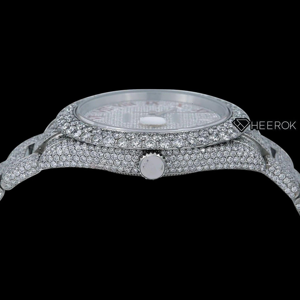 Rolex Datejust Diamond Paved Dial Pink Roman Numerals Diamond Bezel Fully Iced Moissanite Diamond Oyster Bracelet Watch