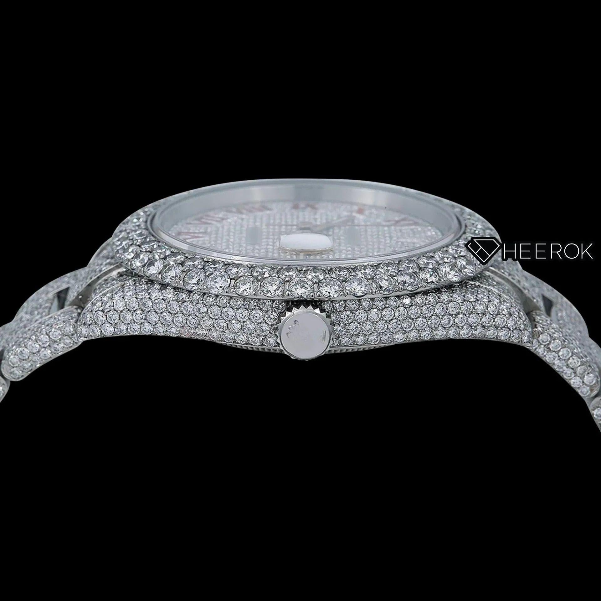 Rolex Datejust Diamond Paved Dial Pink Roman Numerals Diamond Bezel Fully Iced Moissanite Diamond Oyster Bracelet Watch