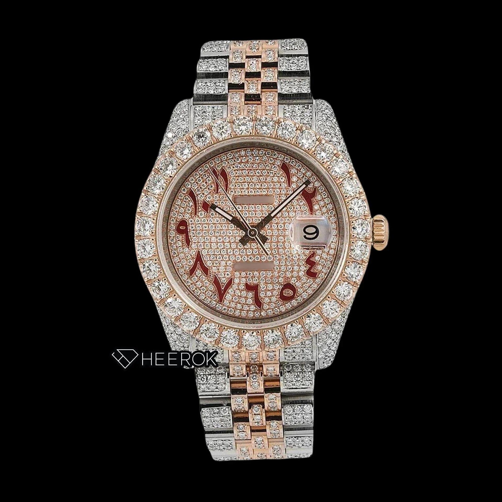 Rolex Datejust Diamond Paved Rose Gold Dial Red Arabic Numerals Diamond Bezel Two Tone Rose Gold Fully Iced Moissanite Diamond Jubilee Bracelet For Women