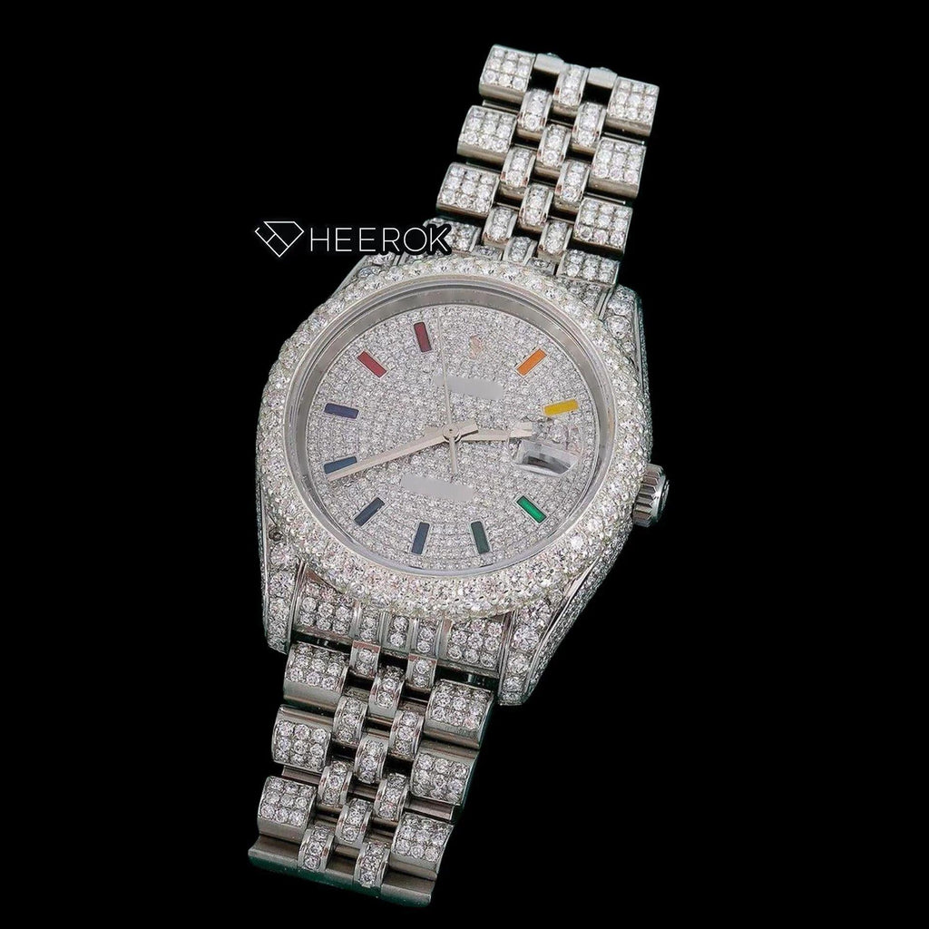 Rolex Datejust Diamond Paved White Dial Multicolor Stick Markers Diamond Bezel Fully Iced Moissanite Diamond Jubilee Bracelet For Women