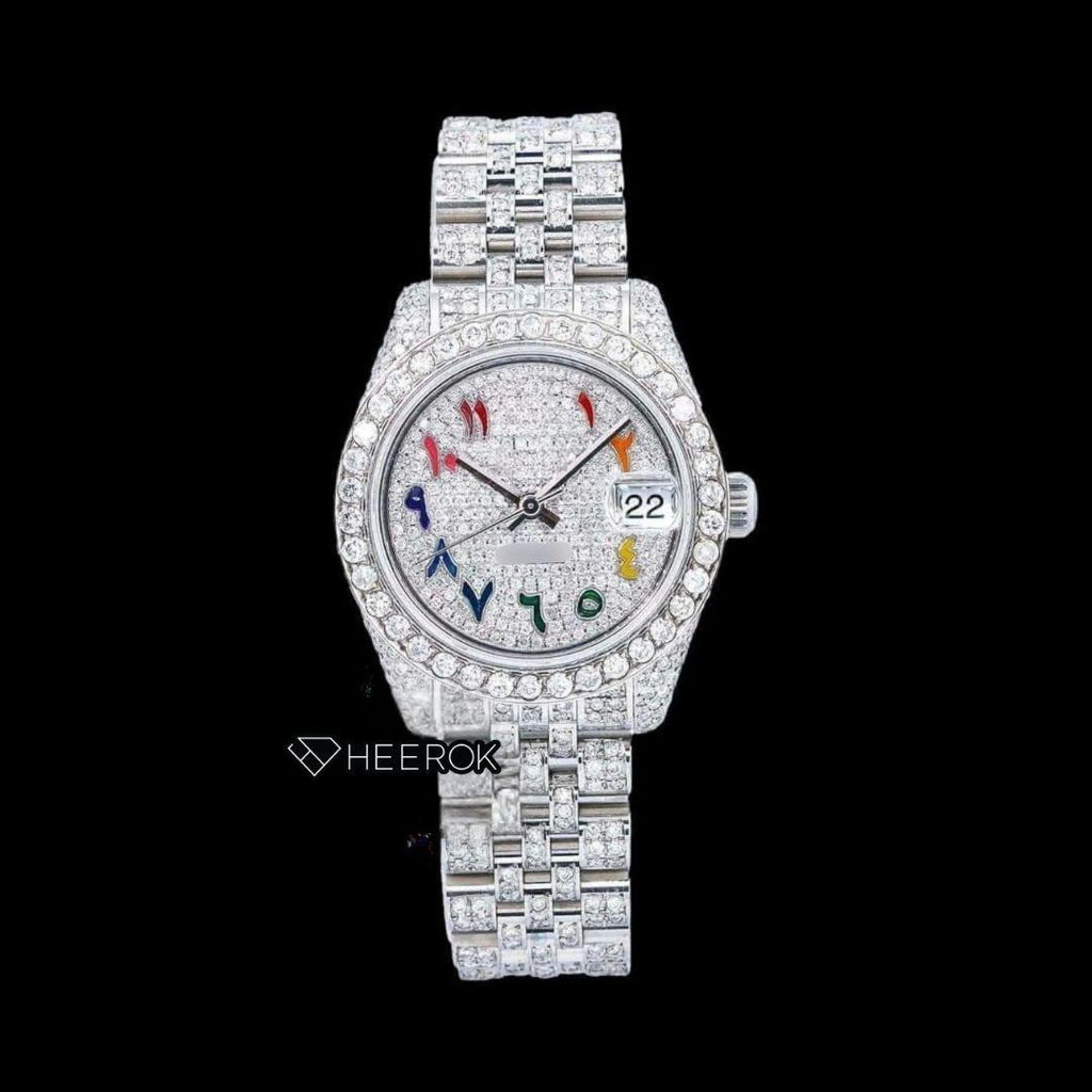Rolex Datejust Multicolor Arabic Dial Diamond Bezel Fully Iced Moissanite Diamond Jubilee Bracelet For Women
