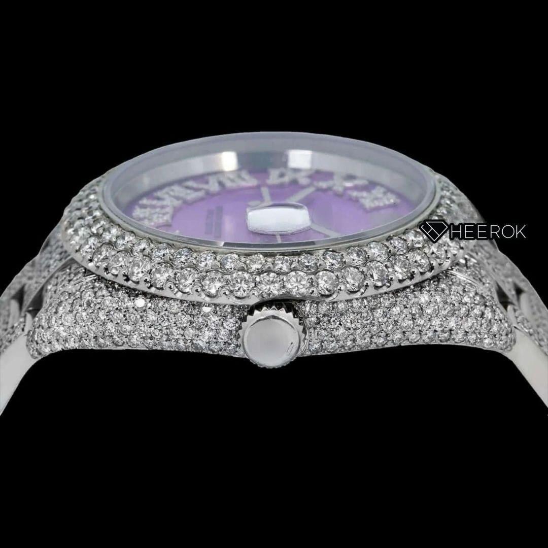 Rolex Datejust Purple Dial Roman Diamond Markers Diamond Bezel Fully Iced Moissanite Diamond Oyster Bracelet