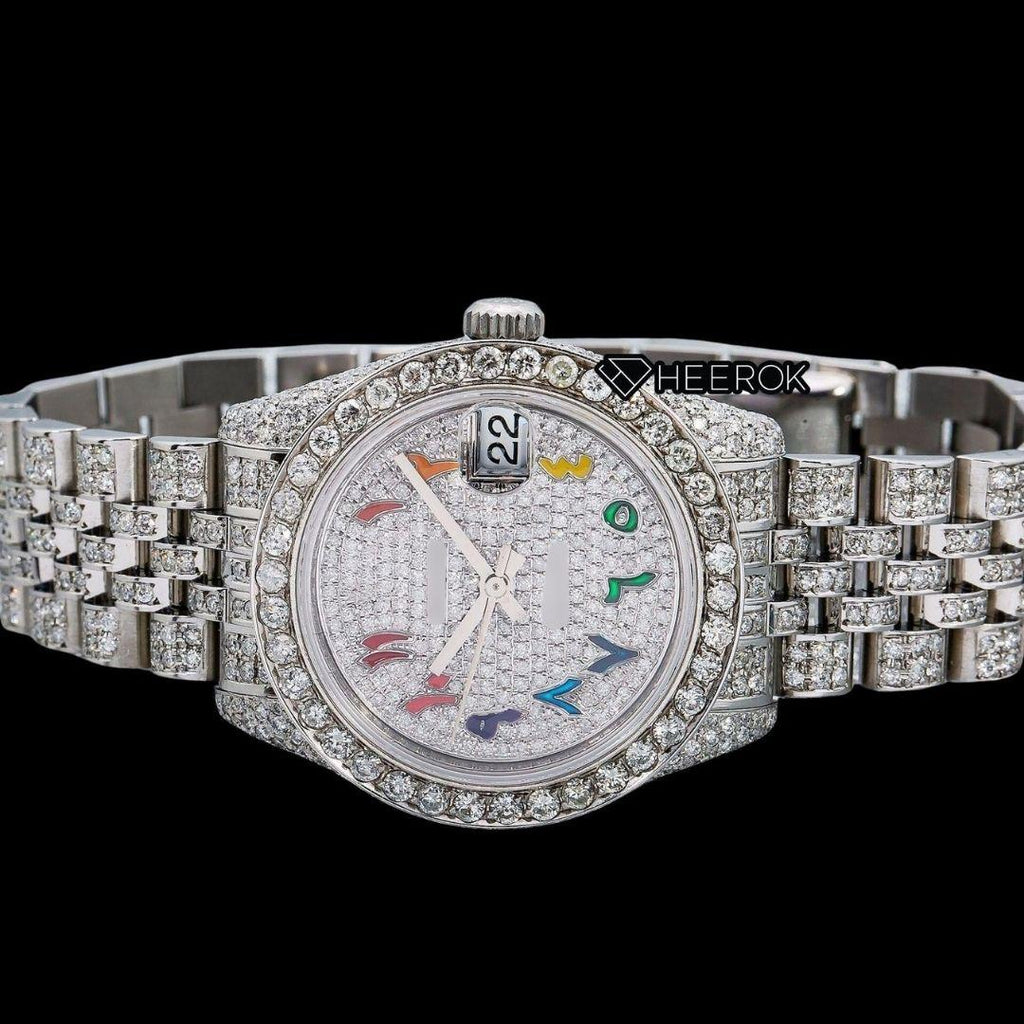 Rolex Datejust Rainbow Arabic Dial Diamond Bezel Fully Iced Moissanite Diamond Jubilee Bracelet For Women