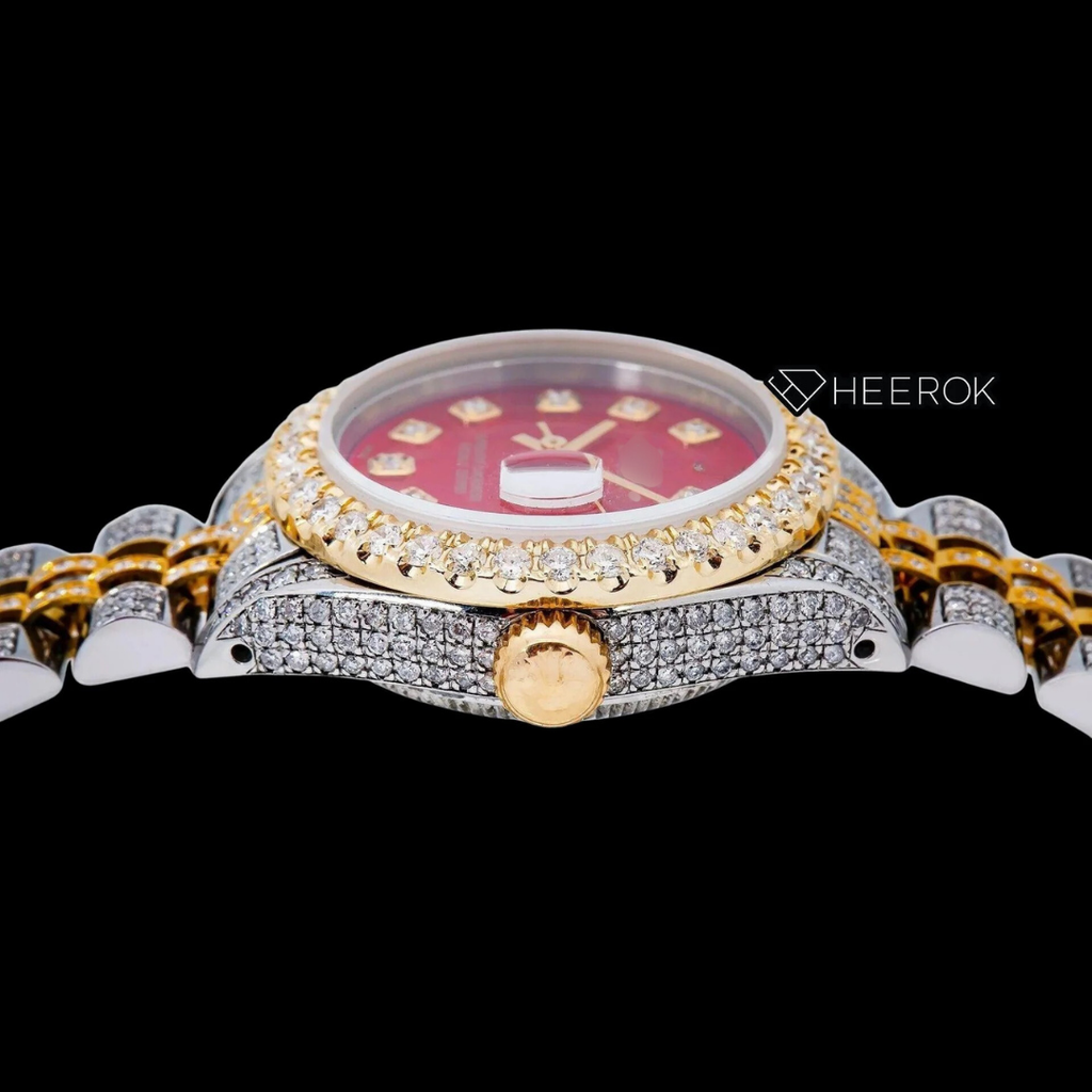 Rolex Datejust Red Dial Diamond Markers Diamond Bezel Two Tone Yellow Gold Moissanite Diamond Jubilee Bracelet For Women