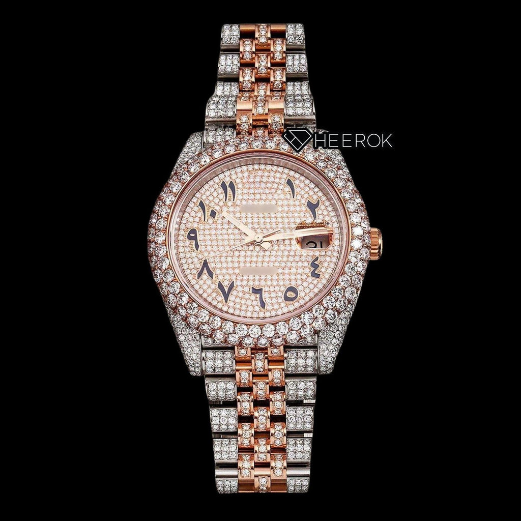 Rolex Datejust Rose Gold Diamond Paved Dial Arabic Numerals Diamond Bezel Two Tone Rose Gold Fully Iced Moissanite Diamond Jubilee Bracelet