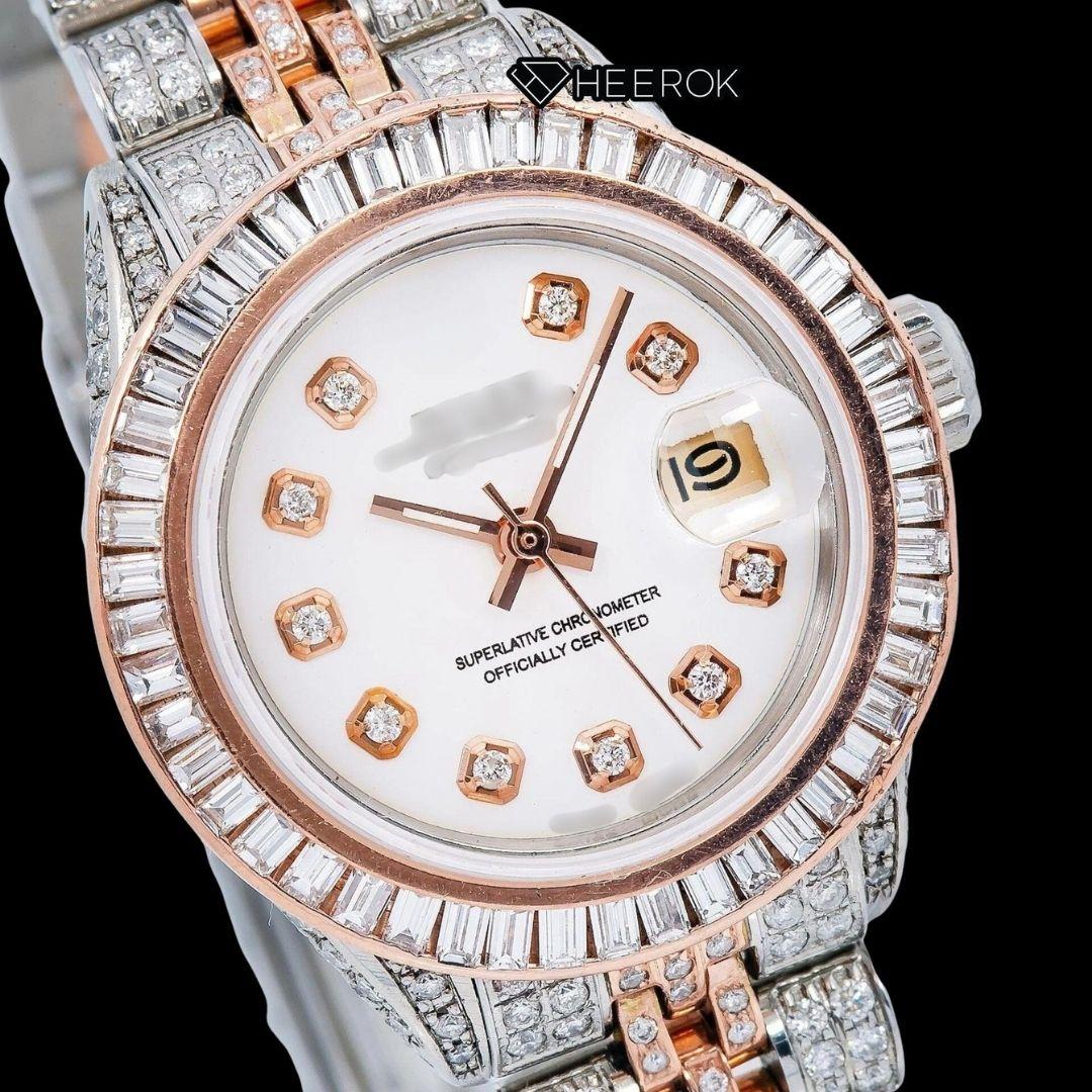 Rolex Datejust White Dial Diamond Markers Baguette Diamond Bezel Two Tone Rose Gold Moissanite Diamond Jubilee Bracelet For Women
