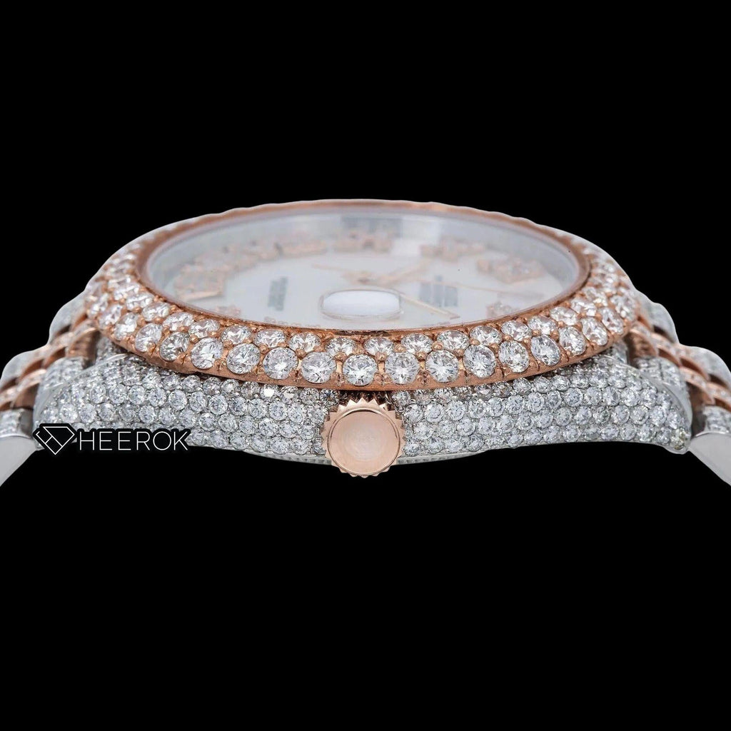 Rolex Datejust White Mother of Pearl Dial Roman Numerals Diamond Bezel Two Tone Rose Gold Moissanite Diamond Jubilee Bracelet