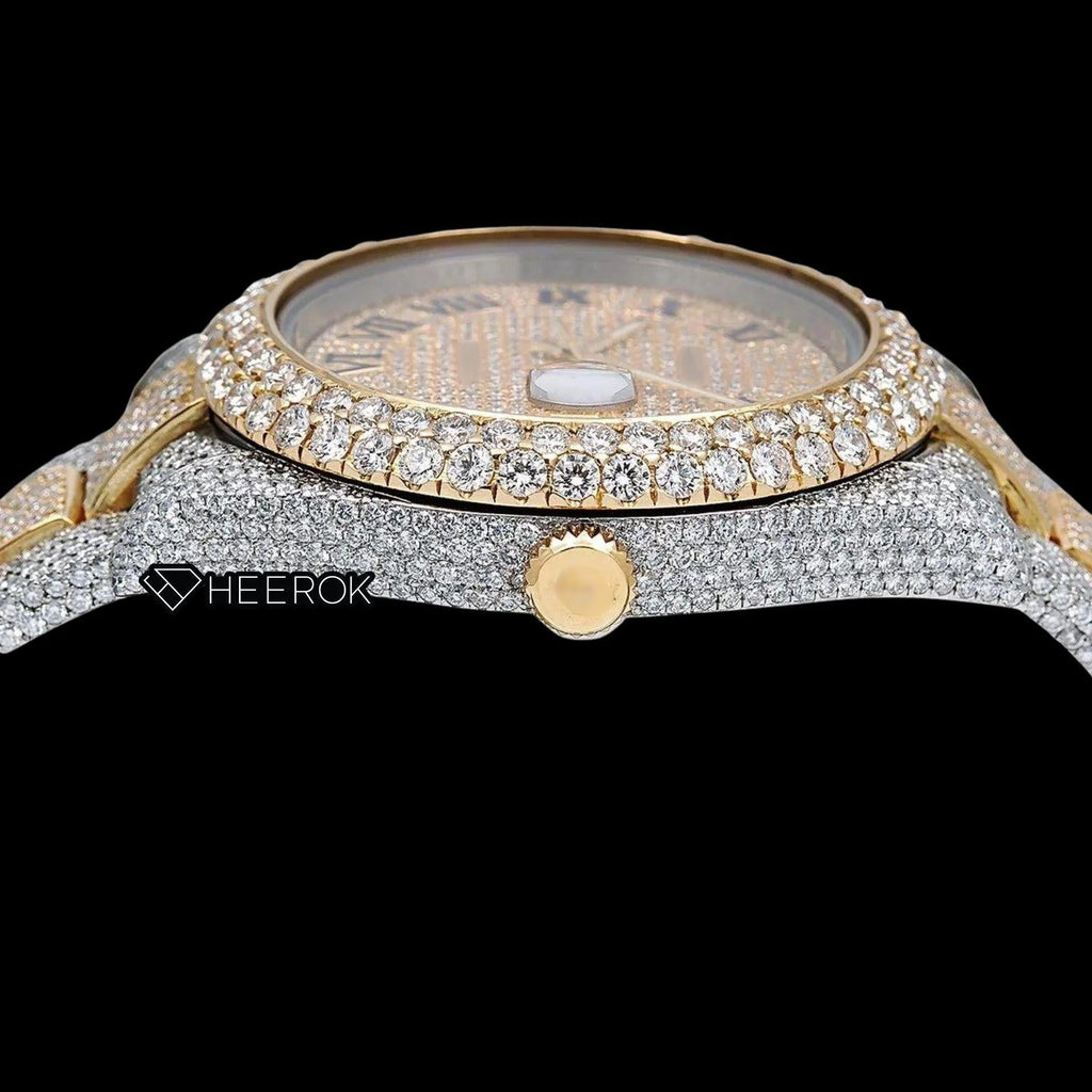 Rolex Datejust Yellow Gold Dial Roman Numerals Diamond Bezel Two Tone Yellow Gold Fully Iced Moissanite Diamond Oyster Bracelet