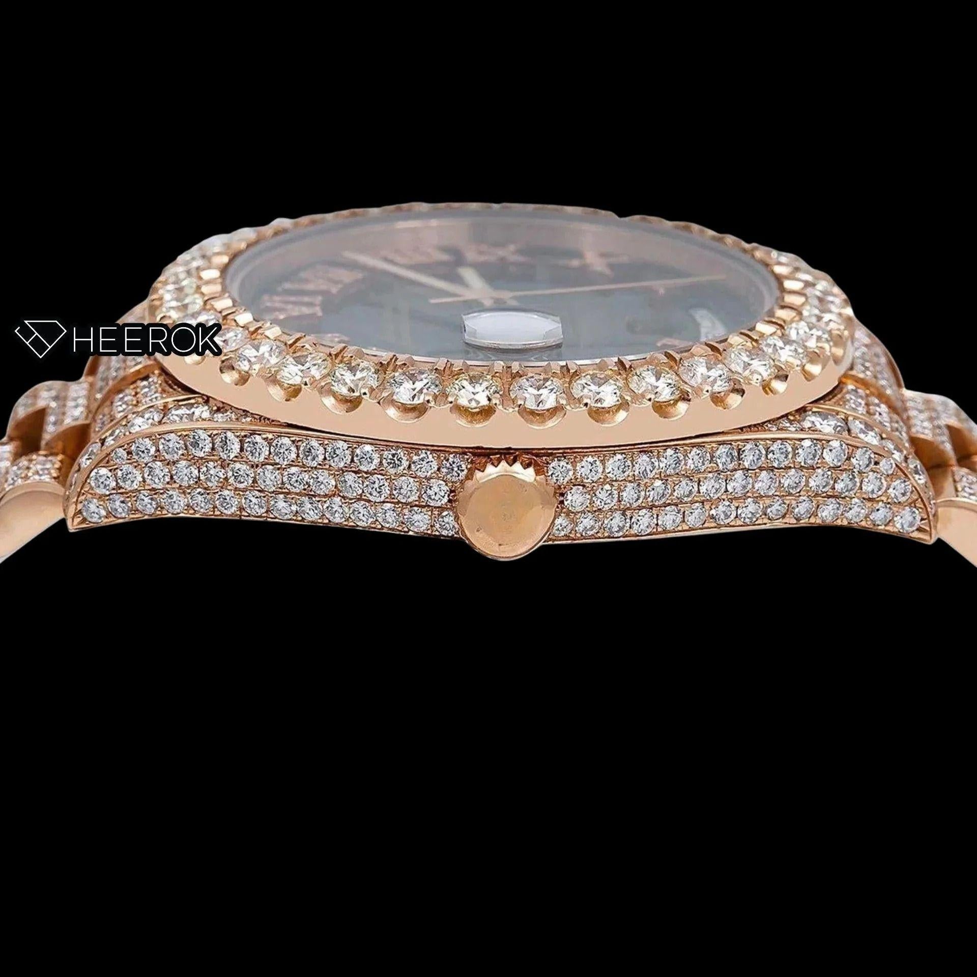 Rolex Day-Date Black Dial Roman Diamond Numerals Large Round Diamond Bezel Fully Iced Rose Gold Moissanite Diamond President Bracelet