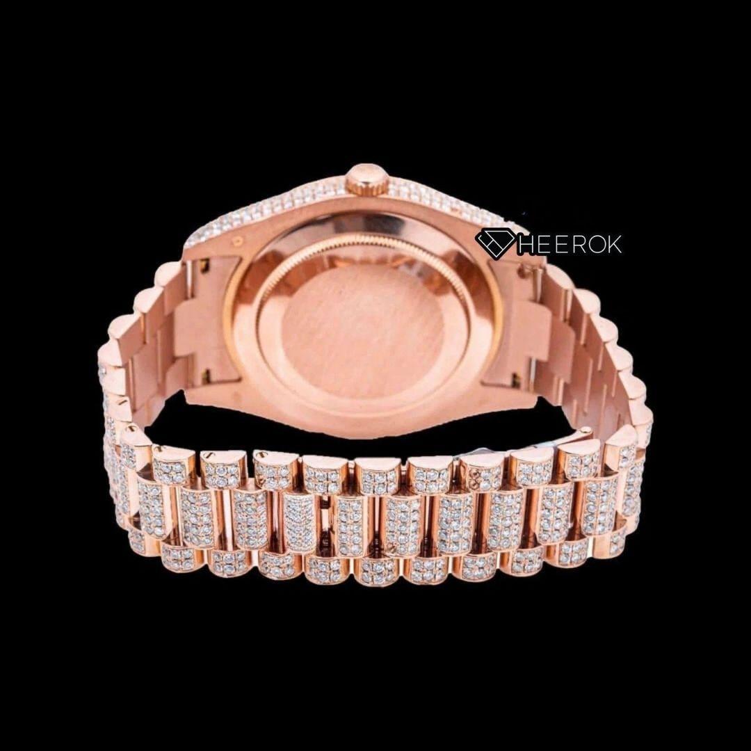 Rolex Day-Date Diamond Stick Markers Dial Baguette Diamond Bezel Rose Gold Moissanite Diamond President Bracelet For Women