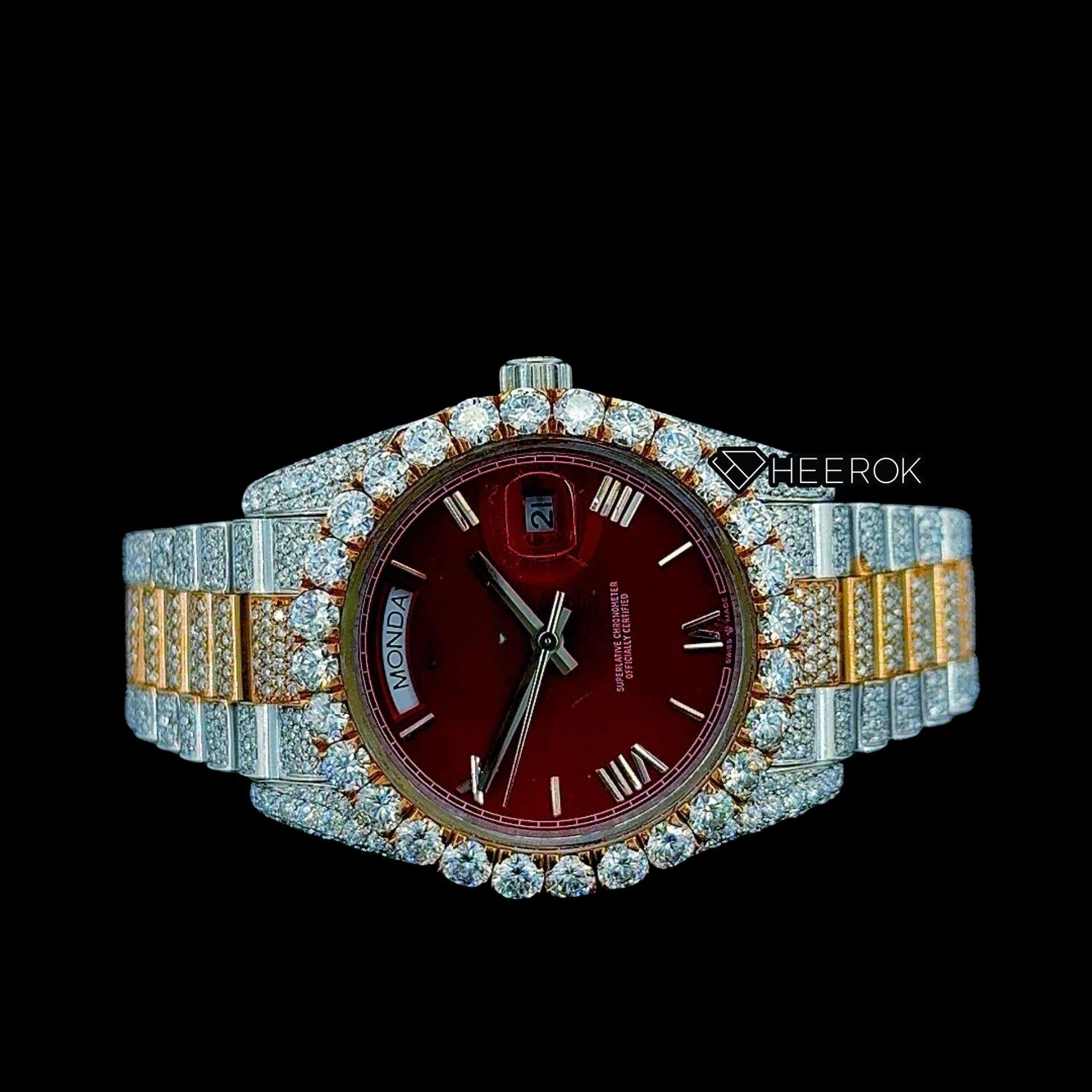 Rolex Day-Date Red Dial Roman Stick Markers Diamond Bezel Two Tone Yellow Gold Moissanite Diamond President Bracelet For Women