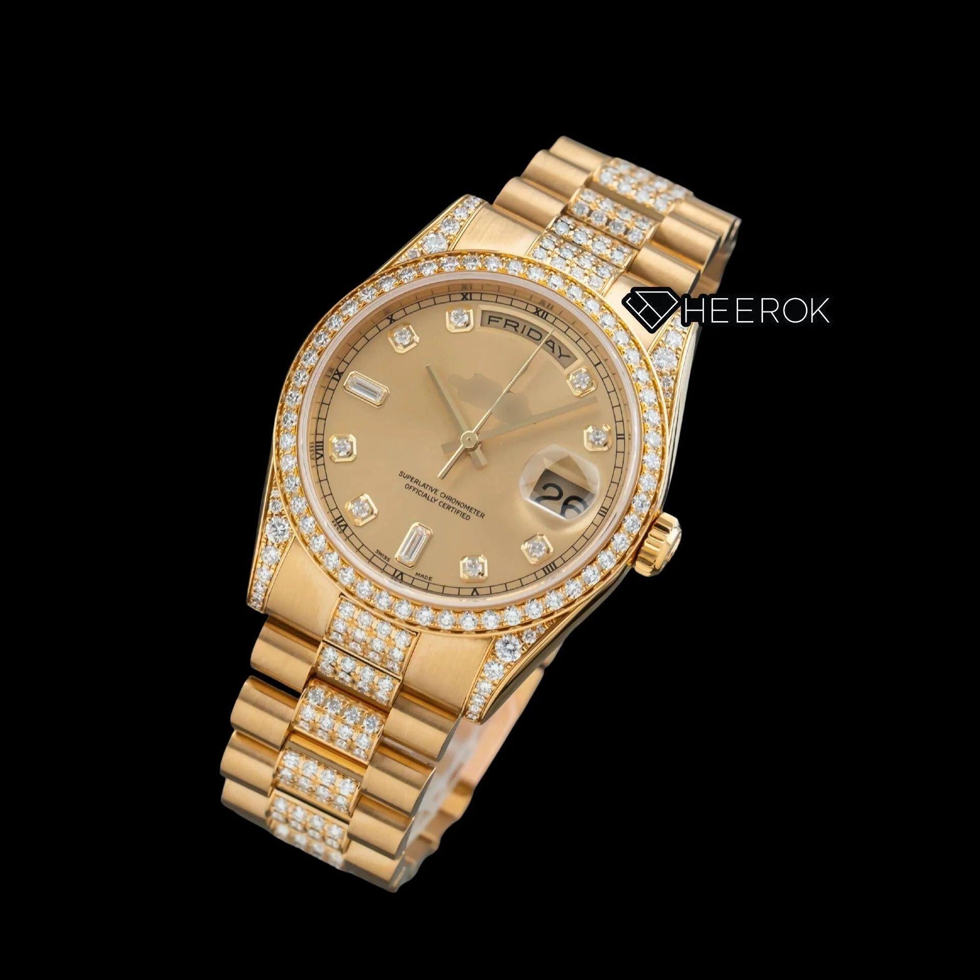 Rolex Day-Date Yellow Dial Diamond Markers Diamond Bezel Yellow Gold Semi Iced Moissanite Diamond President Bracelet Watch For Women