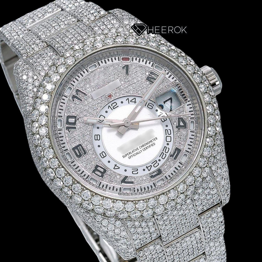 Rolex Sky-Dweller Diamond Paved Dial Standard Numerals Diamond Bezel Fully Iced Out Moissanite Diamond Oyster Bracelet Watch