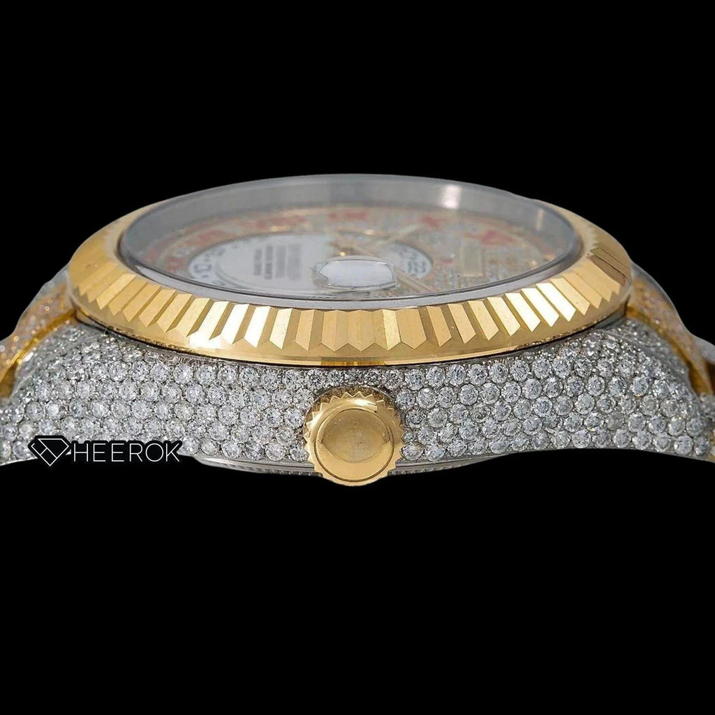 Rolex Sky-Dweller Diamond Paved Yellow Gold Dial Red Roman Numerals Fluted Bezel Two Tone Yellow Gold Fully Iced Moissanite Diamond Oyster Bracelet
