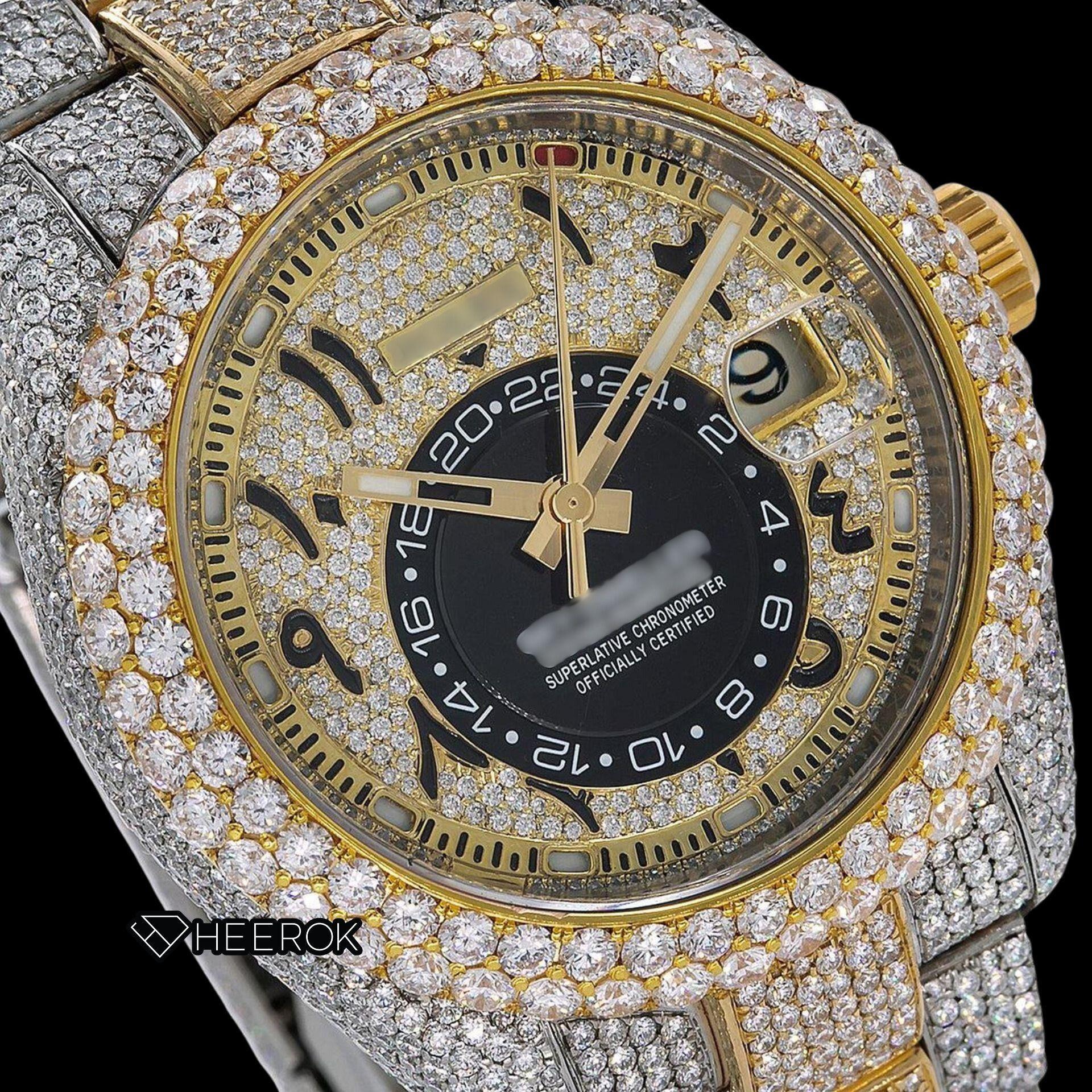 Rolex Sky-Dweller Full Paved Yellow Dial Arabic Numerals Diamond Bezel Two Tone Yellow Gold Bust Down Moissanite Diamond Oyster Bracelet Watch