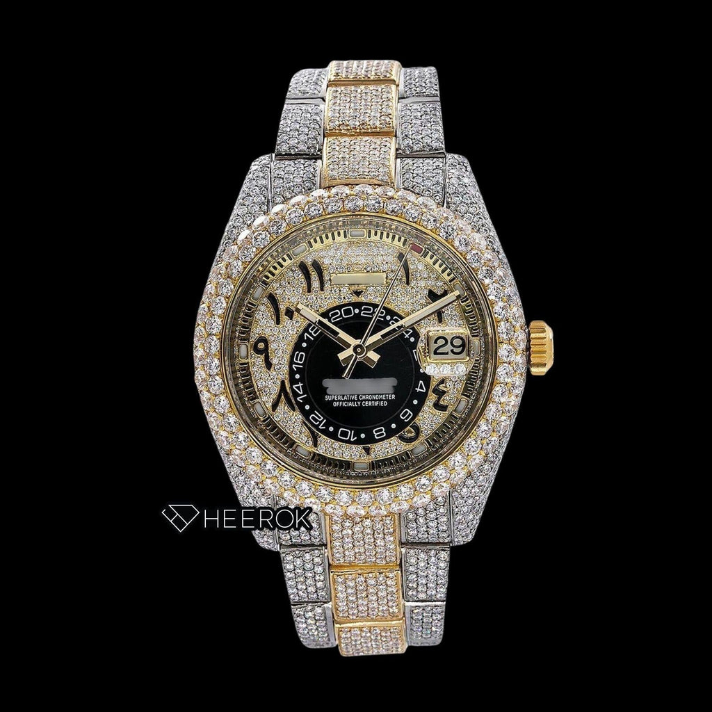 Rolex Sky-Dweller Full Paved Yellow Dial Arabic Numerals Diamond Bezel Two Tone Yellow Gold Bust Down Moissanite Diamond Oyster Bracelet Watch