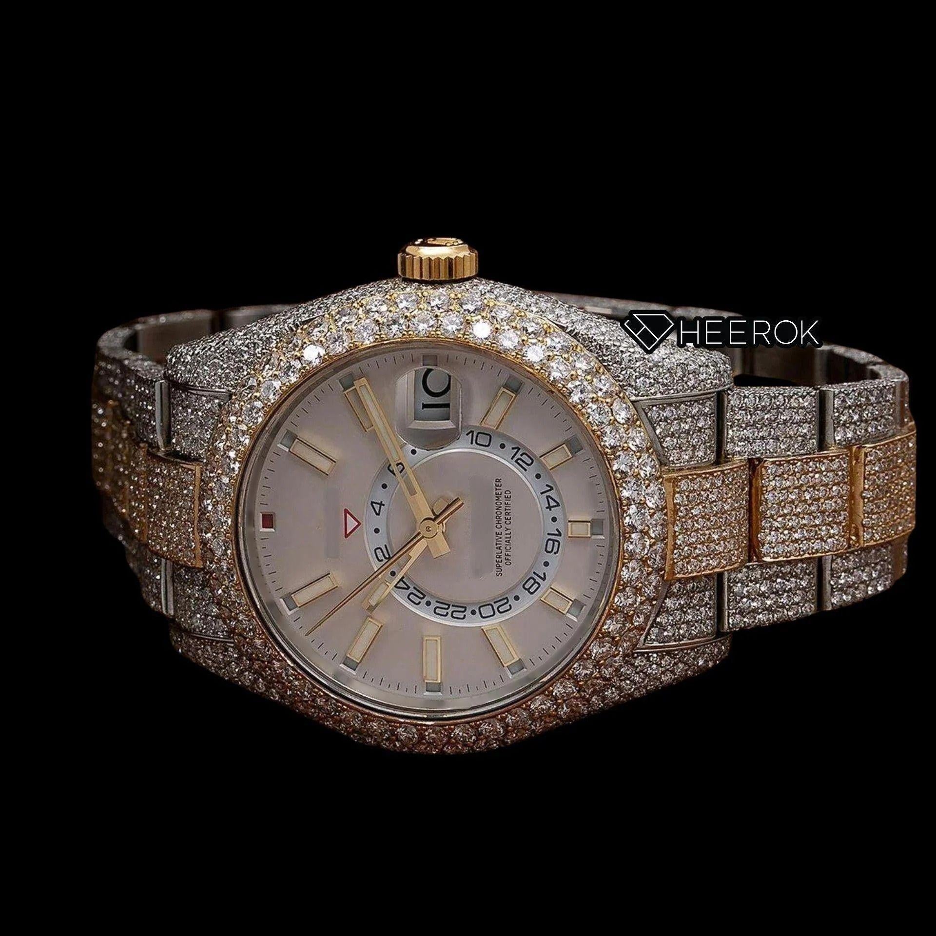 Rolex Sky-Dweller White Dial White Stick Markers Diamond Bezel Two Tone Yellow Gold Fully Iced Moissanite Diamond Oyster Bracelet
