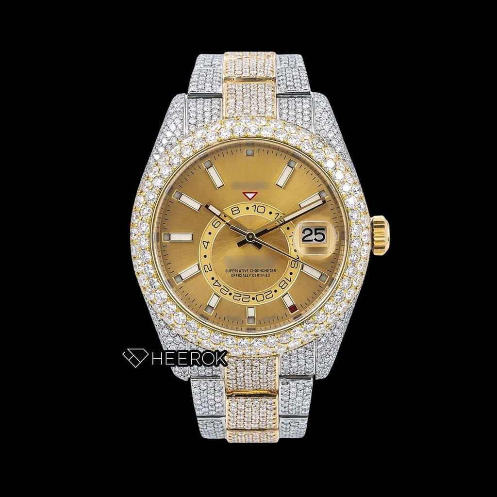 Rolex Sky-Dweller Yellow Dial Stick Markers Diamond Bezel Two Tone Yellow Gold Fully Iced Moissanite Diamond Oyster Bracelet Watch